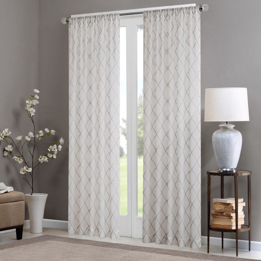 Diamond Sheer Window Curtain Panel Only 1 Pc Panel Off White Gray Polyester