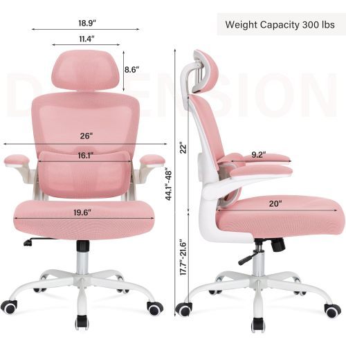 Ergonomic Mesh Office Chair With 3D Adjustable Lumbar Support, High Back Desk Chair With Flip Up Arms, Executive Computer Chair Home Office Task Swivel Rolling Chairs For Adults Cushion Metal Solid Pink Office Sponge Dry Clean Round Handle Office Chairs
