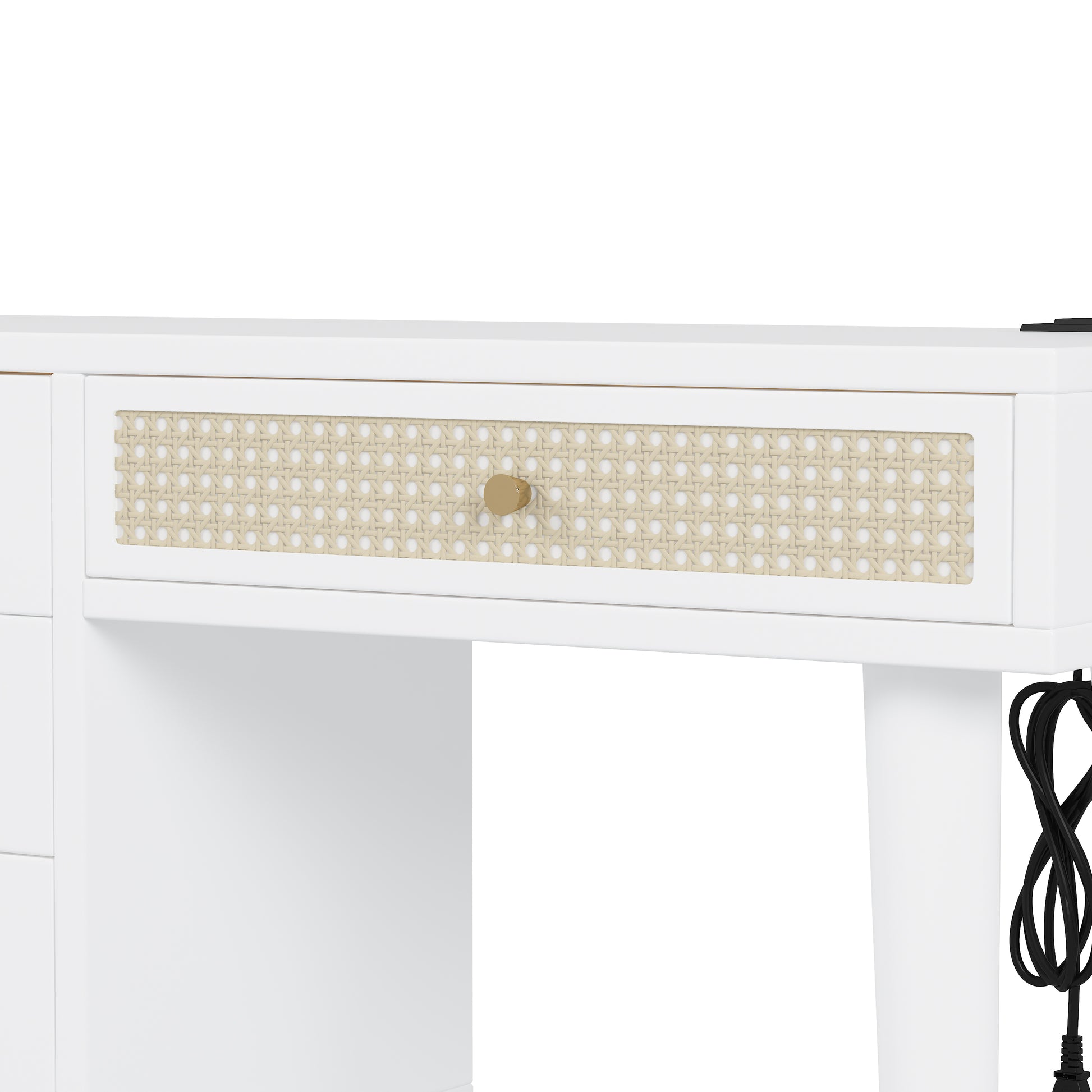 39" Retro Bohemian Style Wooden Makeup Vanity Set With Charging Plug&Usb Port And Stool, Dressing Table With 3 Storage Drawers And 1 Rectangular Rattan Drawer, White White 4 Drawers Wood