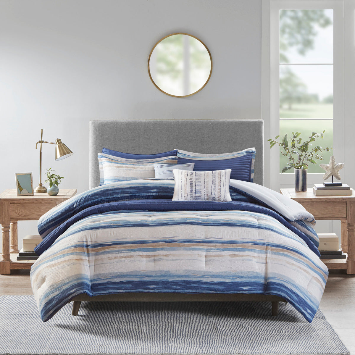 8 Piece Printed Seersucker Comforter And Quilt Set Collection Blue King Cal King King Blue Polyester