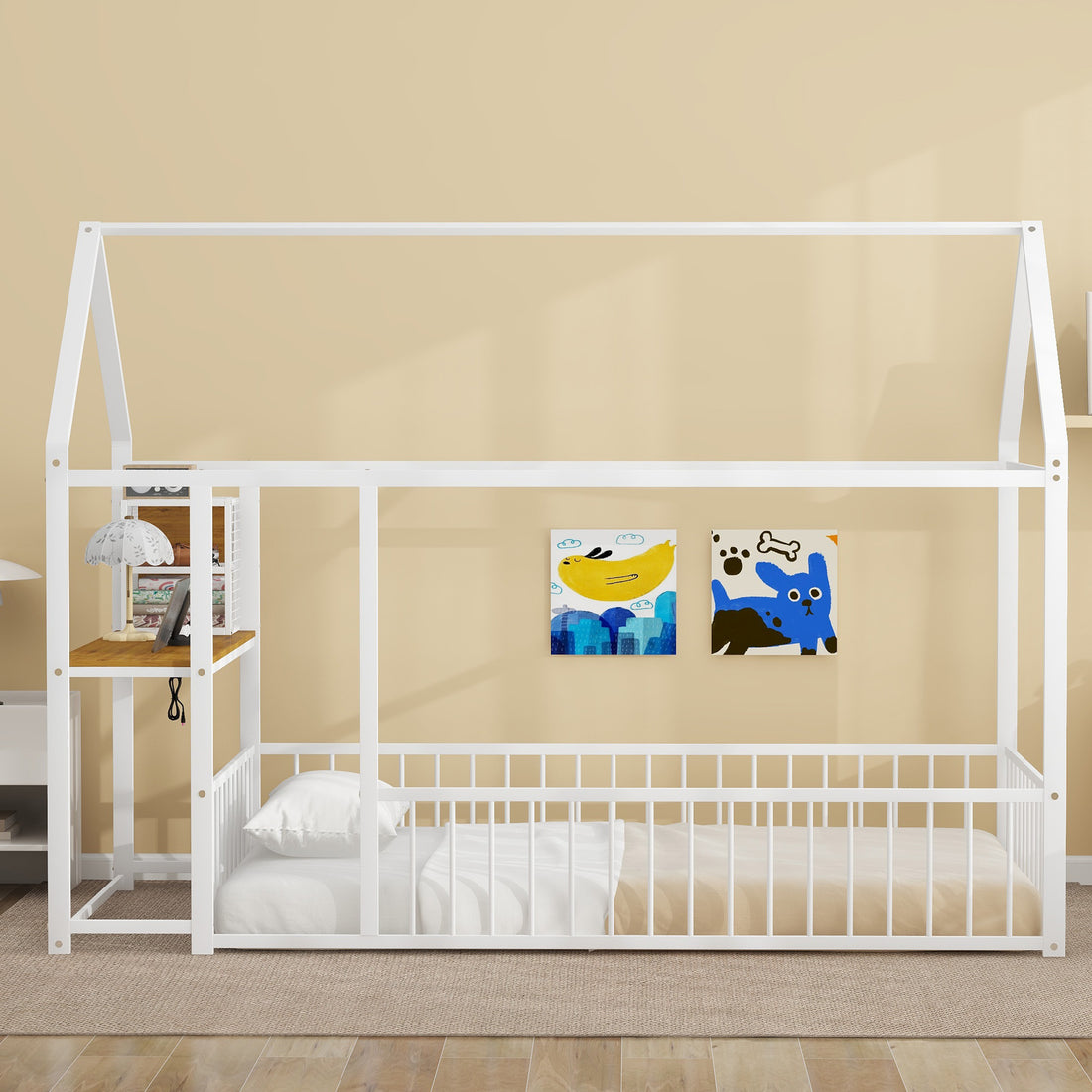 Twin Size Metal Bed House Bed Frame With Desk, Shelves, Power Outlets And Usb Ports, White Twin White Metal