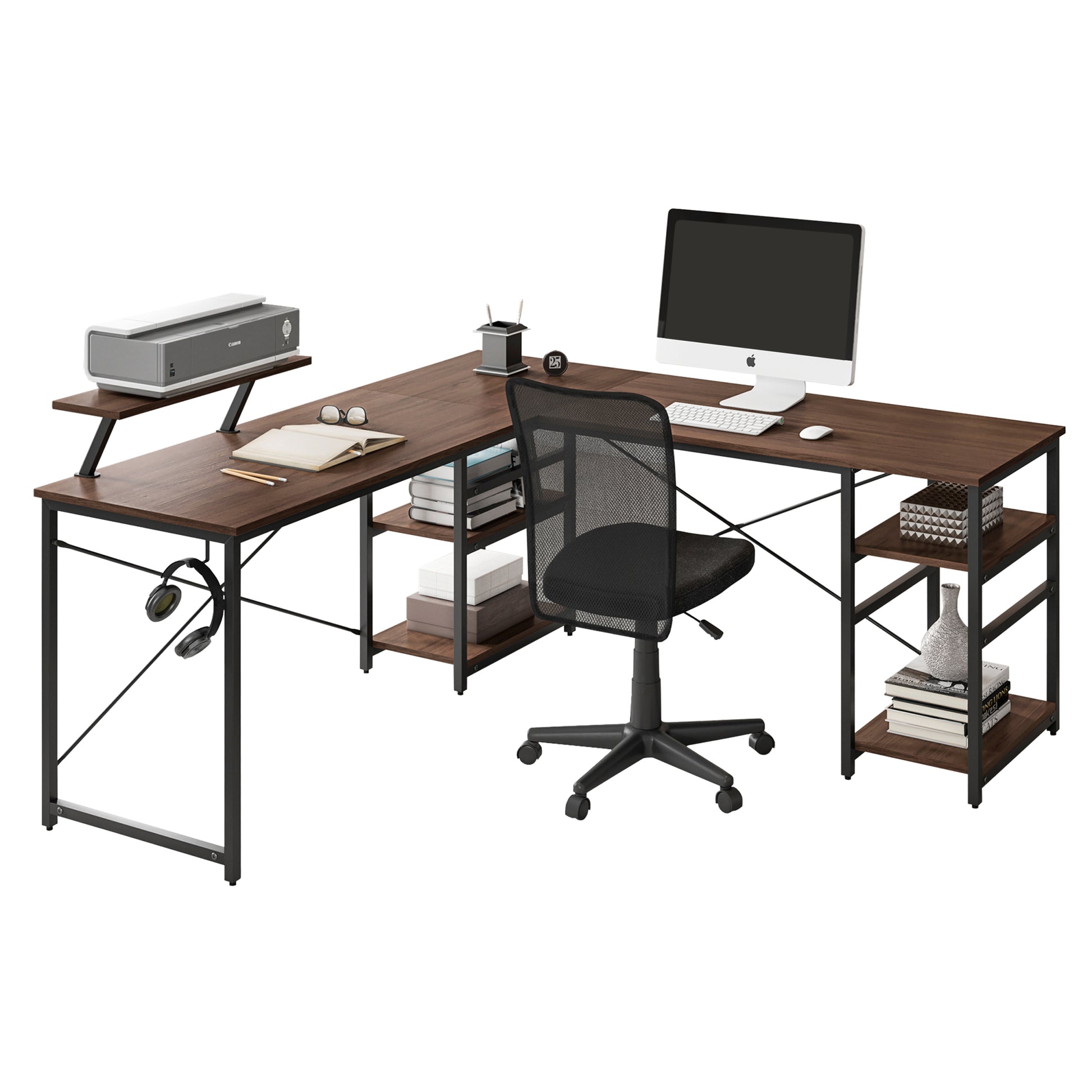 Techni Mobili L Shape Industrial Desk With Storage Shelves, Walnut Walnut Computer Desk Office Modern L Shape Particle Board