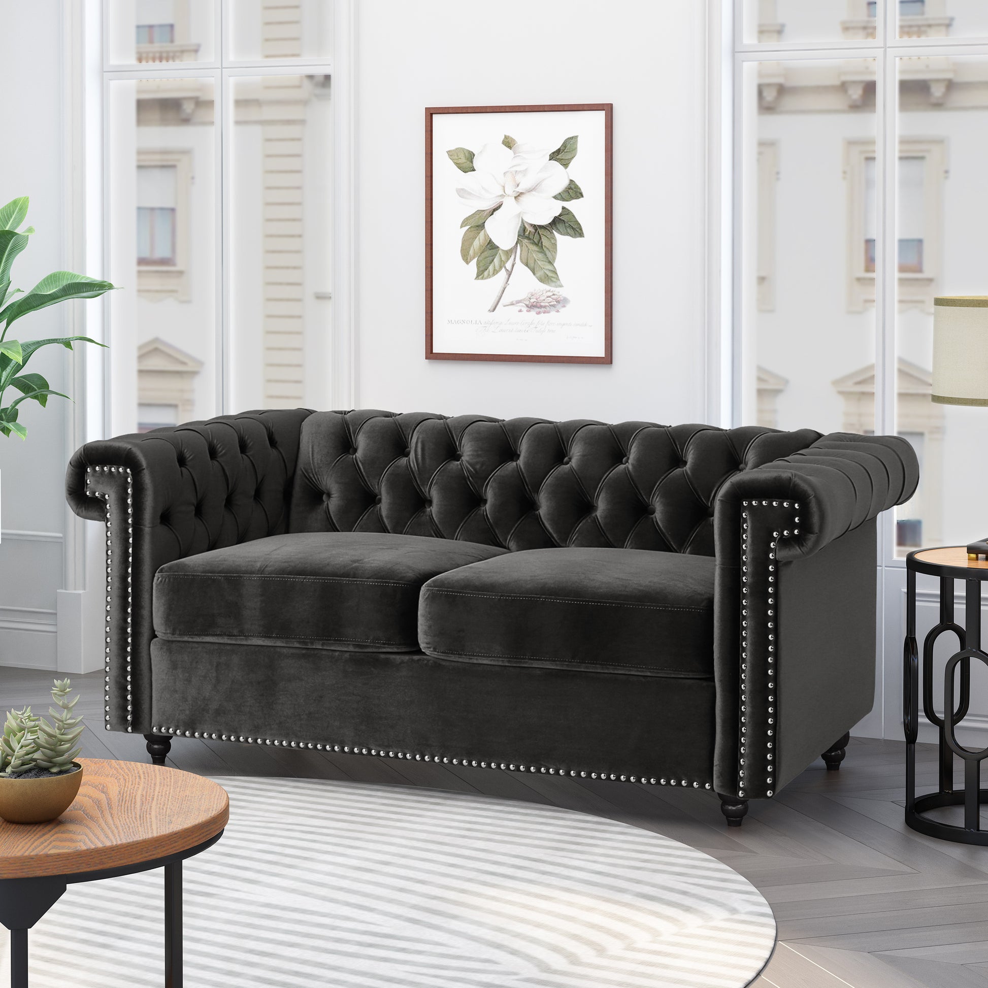 Seat Sofa Black Wood Primary Living Space Tufted Back American Traditional Rolled Arms Foam Velvet