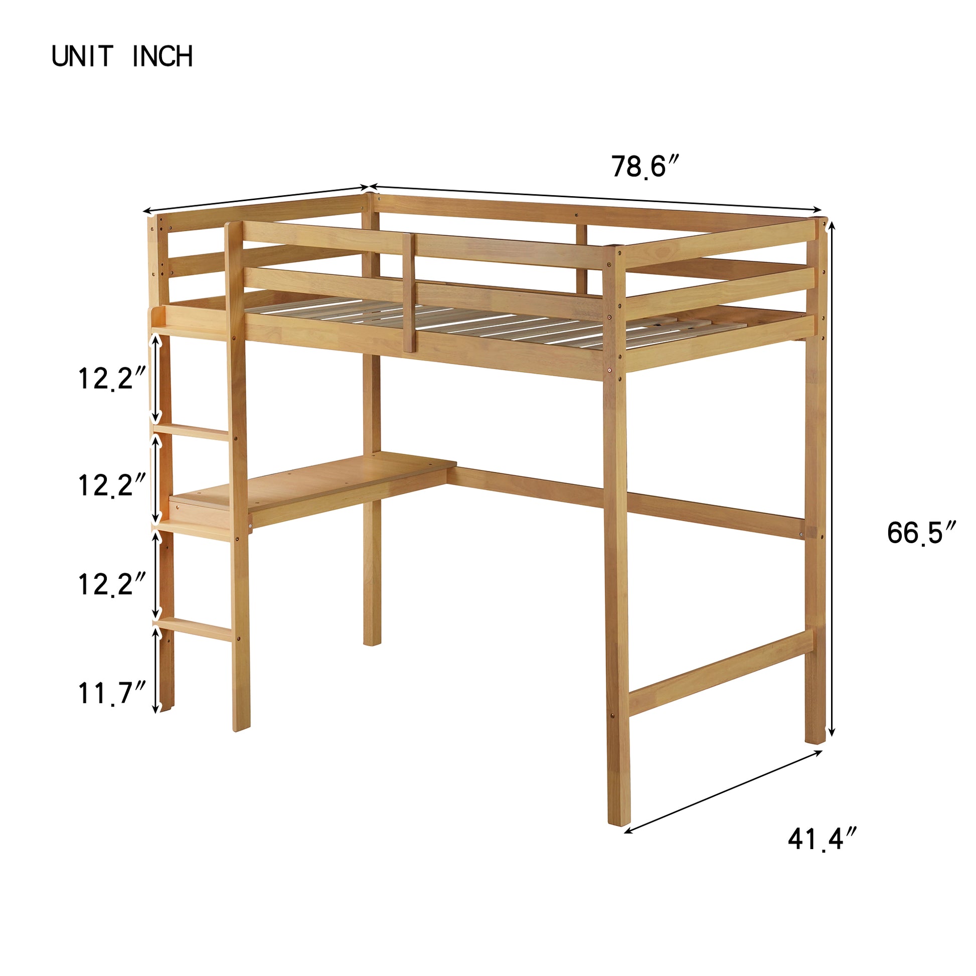 Twin High Loft Bed, Rubber Wood Loft Bed With Safety Guardrail, Built In Desk, Ladder,White Oak Twin White Oak Abs Rubber Steel Q235 ,Rubber Wood