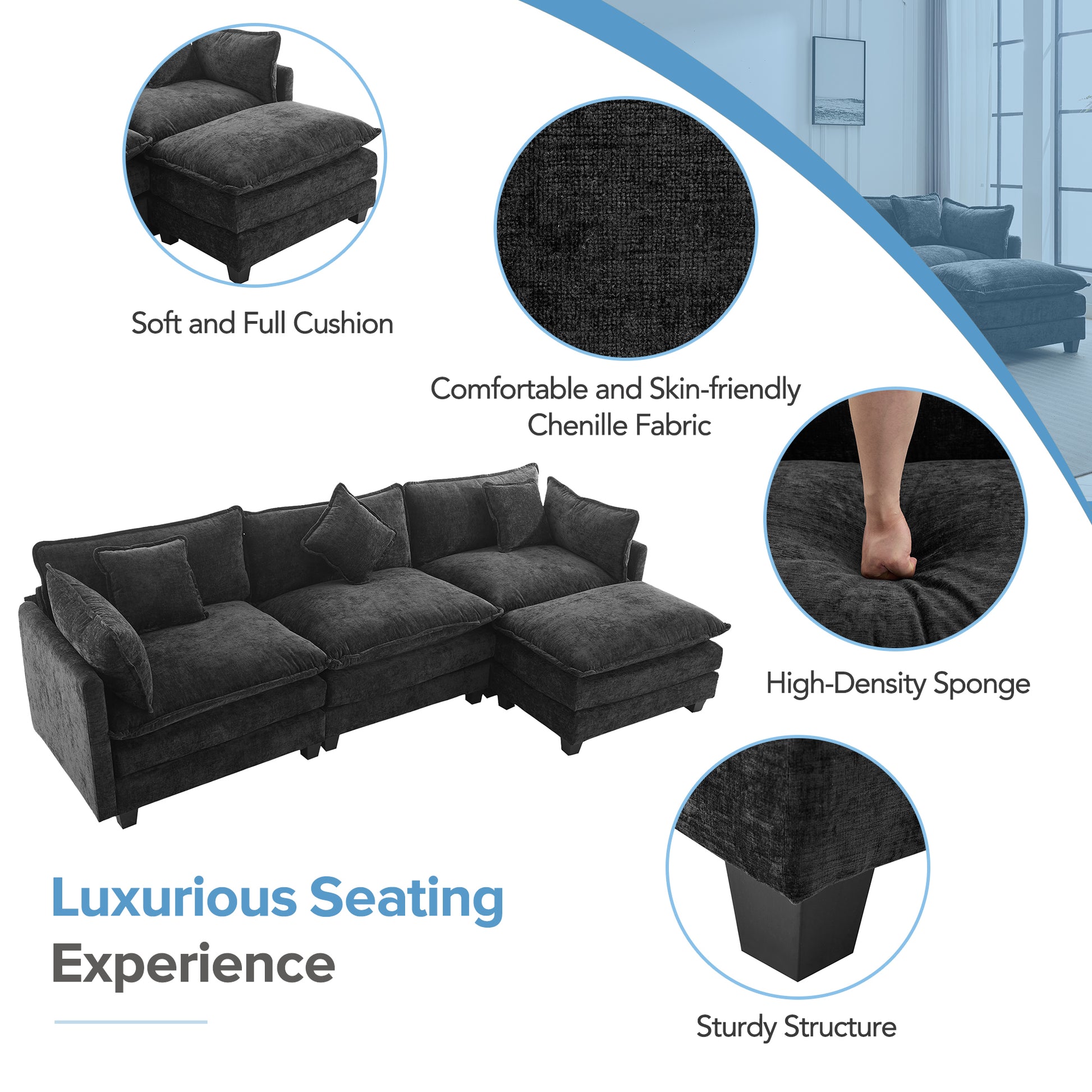 112.2" L Shape Chenille Upholstered Sofa For Living Room Modern Luxury Sofa Couch With Ottoman And 5 Pillows For Living Room Sg001160Aa , Black Black Foam 4 Seat