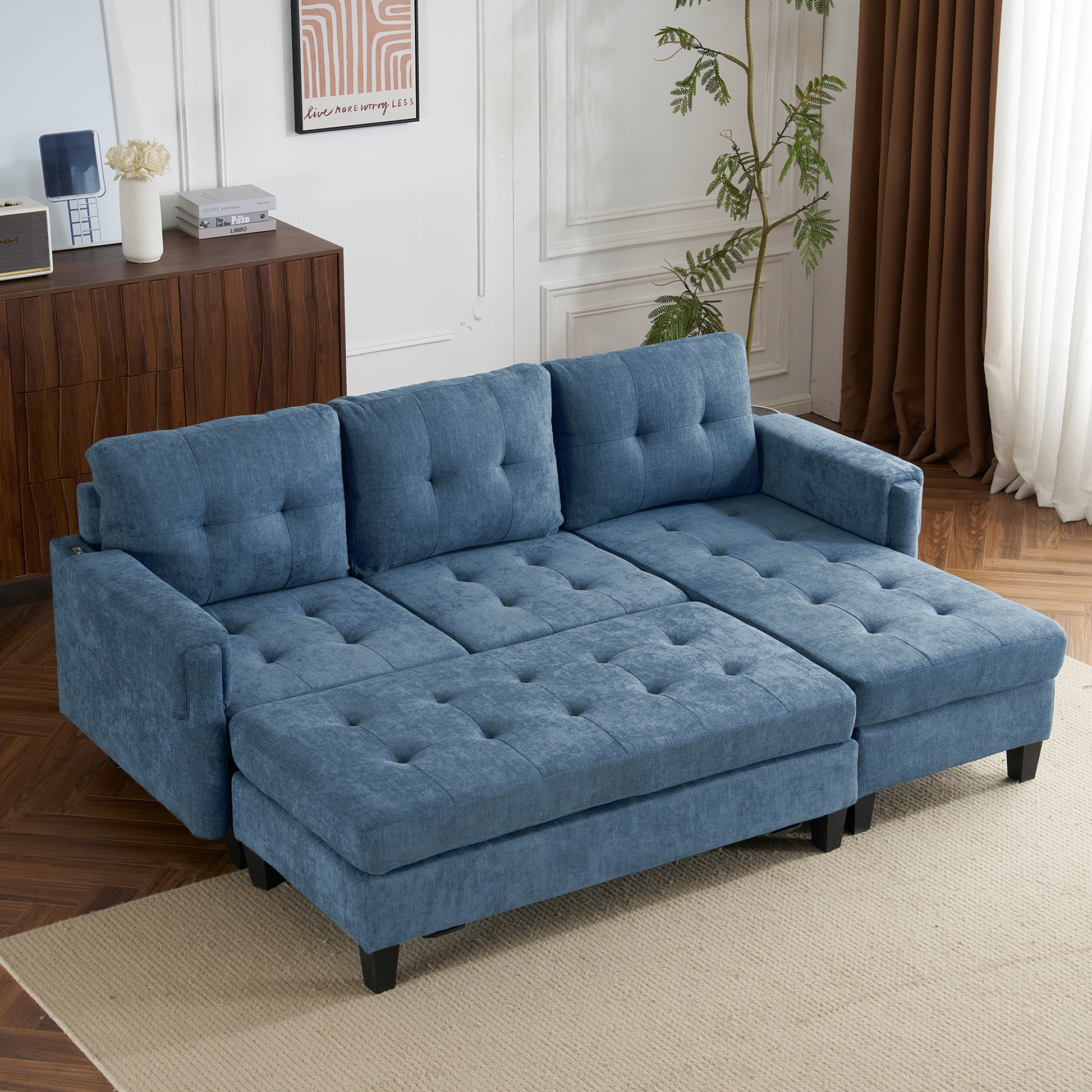 83.4" L Shaped Sofa Sectional Couch Sofa Bed With Two Usb Ports, A Movable Ottoman And A Reversible Chaise Lounge For Living Room, Navy Blue Navy Blue Foam Chenille 5 Seat