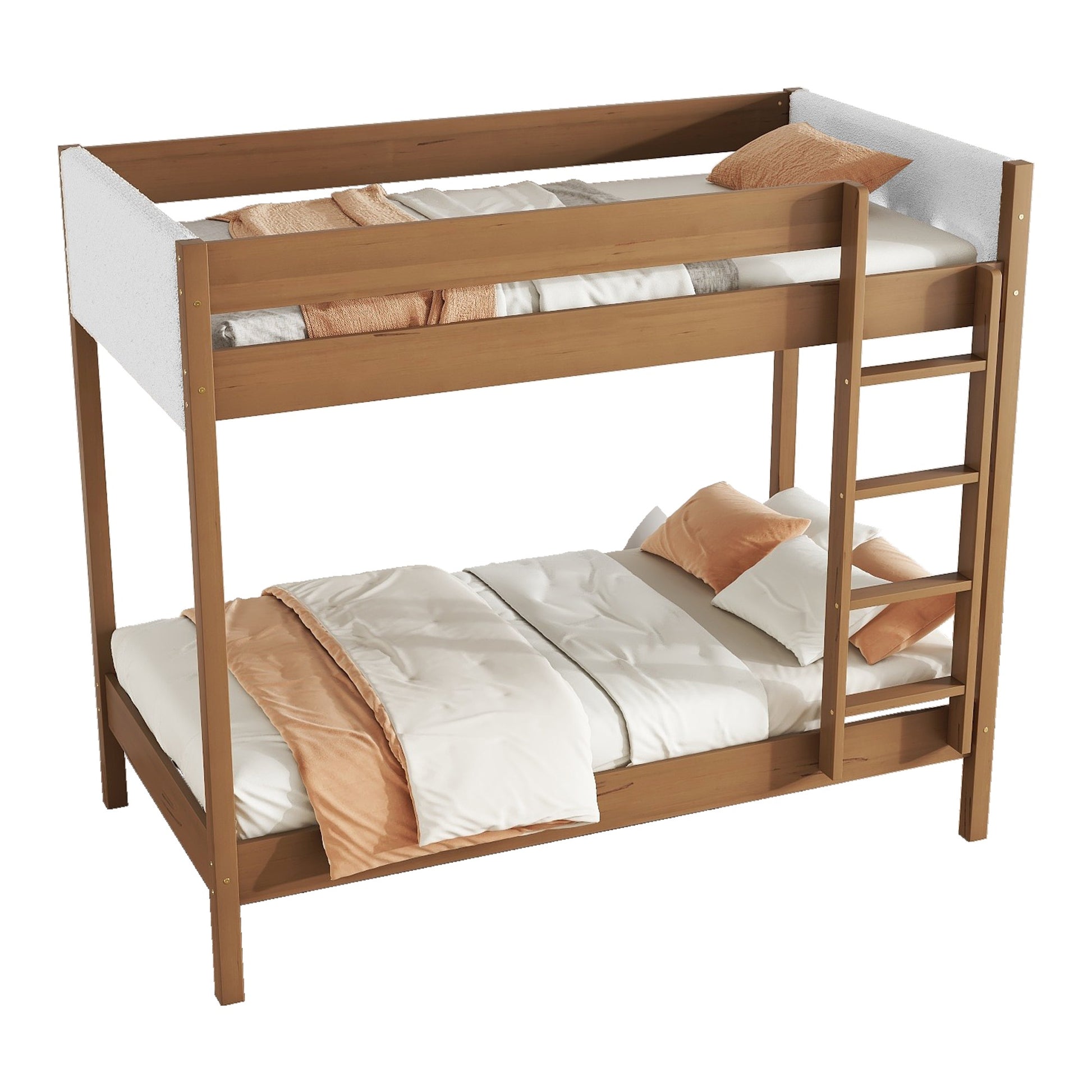Twin Over Twin Bunk Bed, Upholstered Bunk Bed Frame With Ladder, Safety Guardrails,Rubber Wooden,Teddy Fleece Fabric Headboard Footboard ,Natural Twin Natural Rubber Wood