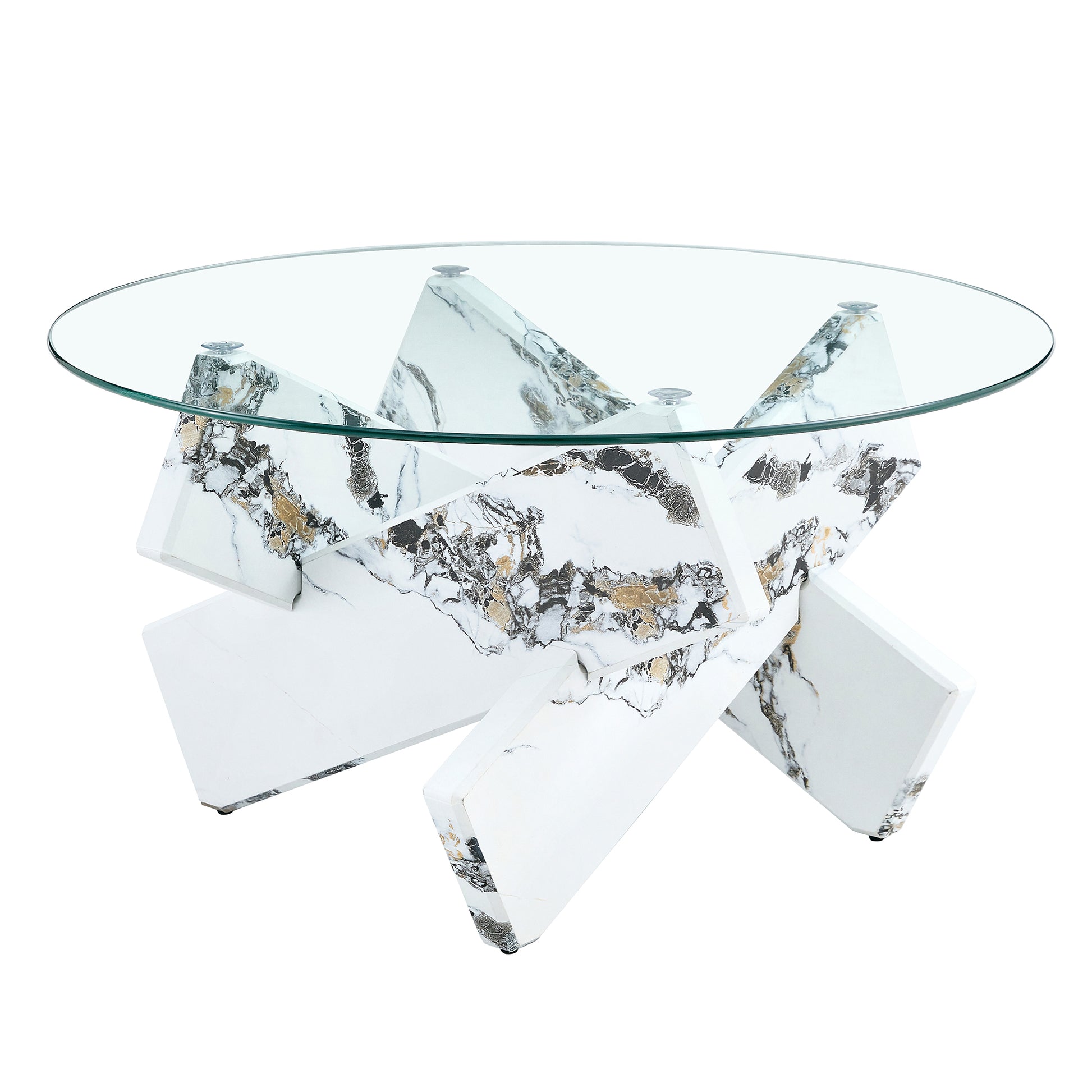 Round Glass Coffee Table, 33.4 "Modern Design Unique Coffee Table. Tempered Glass Countertop With White Patterned Mdf Legs. Suitable For Living And Dining Rooms White Mdf Glass