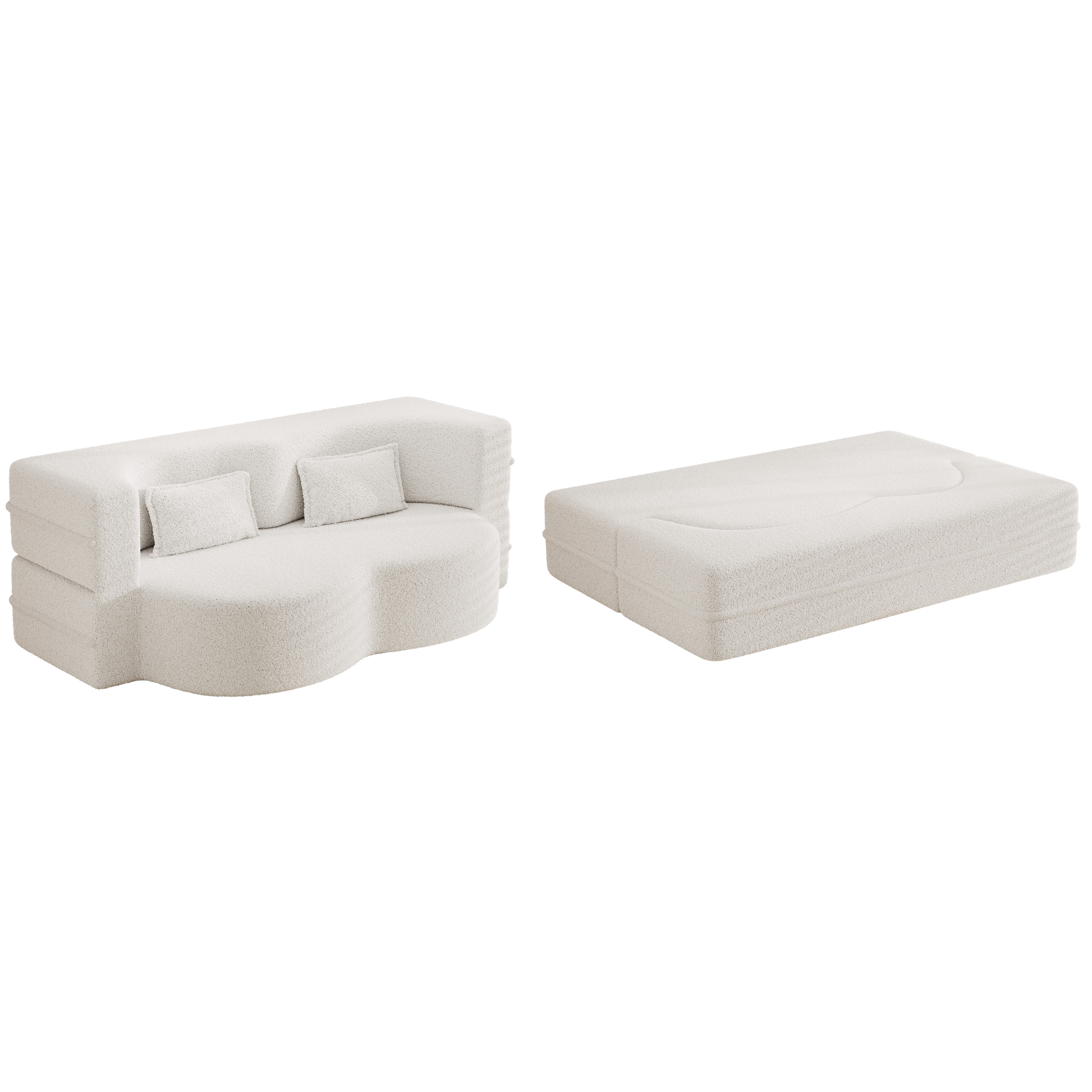 Modern Floor Sofa With 2 Pillows,Convertible Teddy Fabric Foam Filled Sleeper Sofa Bed,15" Full Size Folding Mattress For Living Room, Guest Bed, Playroom,No Assembly Required,White White Foam Spring 2 Seat