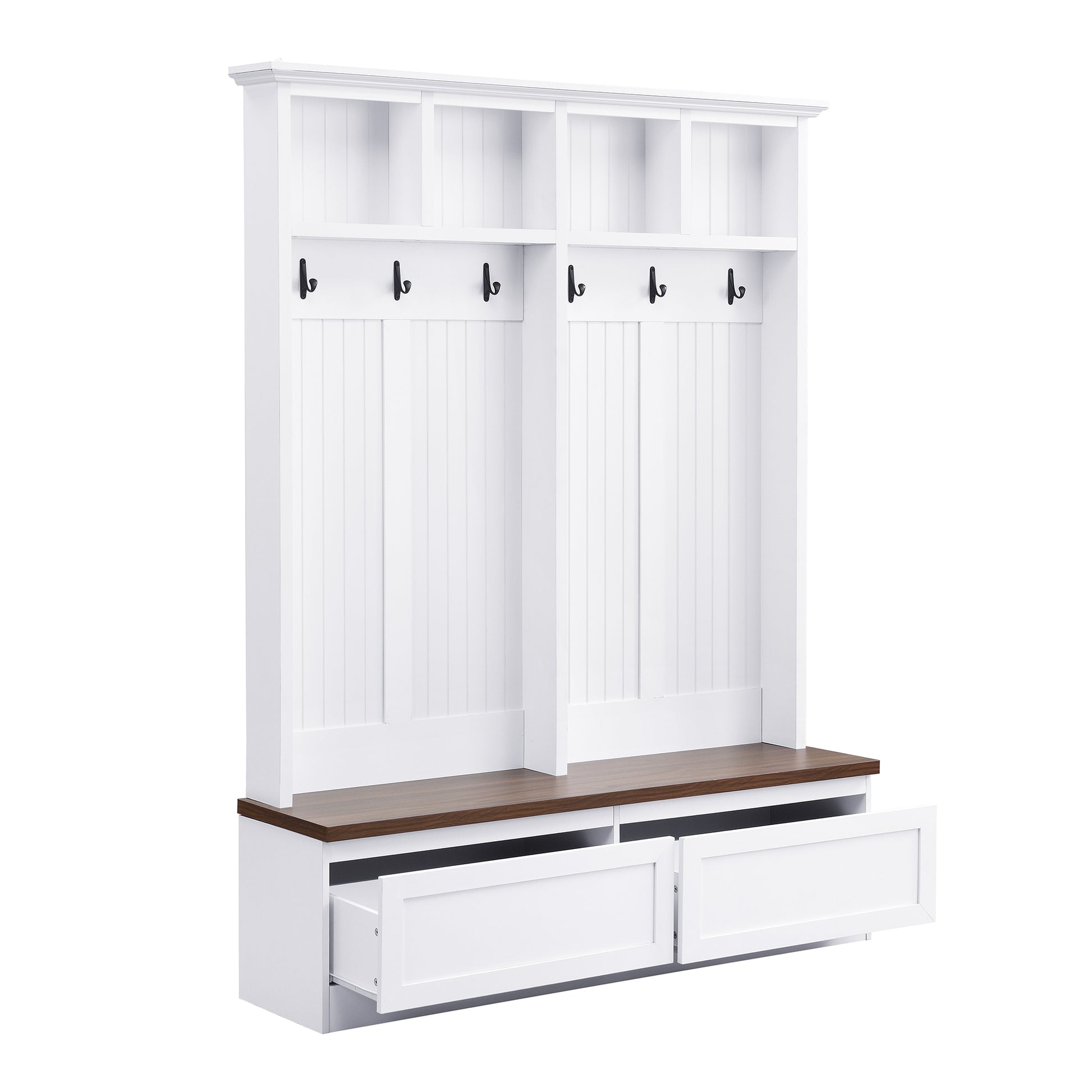 Farmhouse 4 In 1 Hall Tree With Wood Grain Bench, Mudroom Versatile Coat Rack With 2 Large Drawers, Large Entrance Organizer With 6 Black Hooks For Hallway, Living Room, White, 55.9"Wx75.6"H White