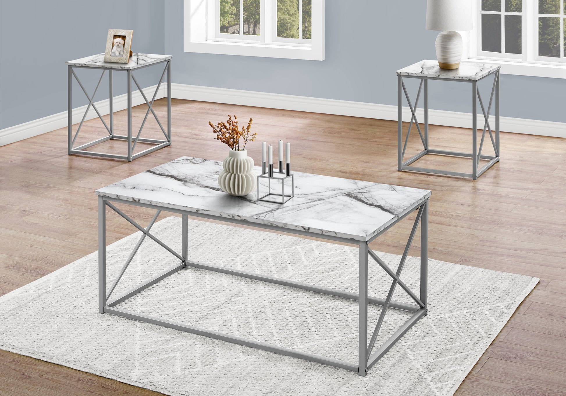 Table Set, 3Pcs Set, Coffee, End, Side, Accent, Living Room, White Marble Look Laminate, Grey Metal, Contemporary, Modern White Particle Board
