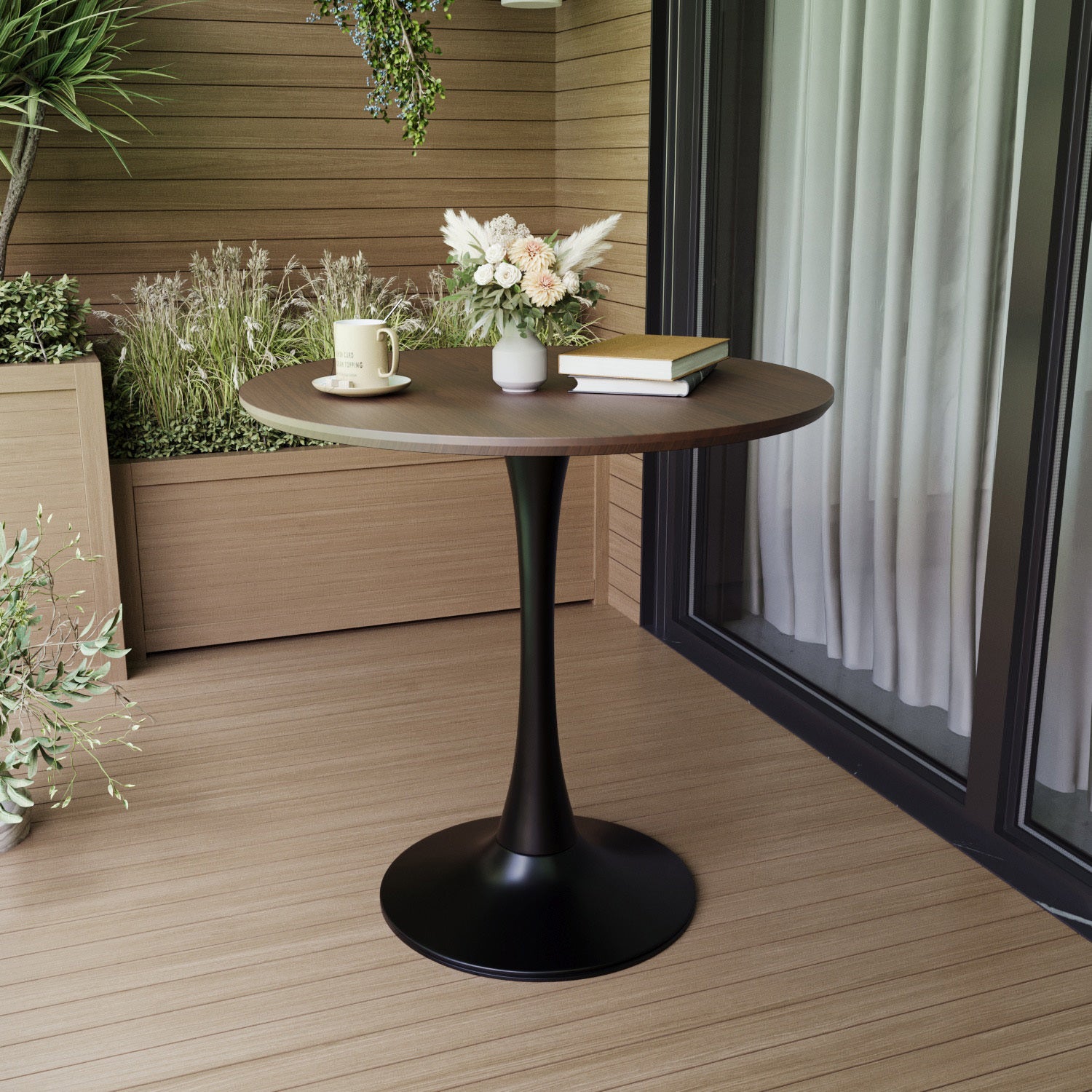 Walnut Color Round Dining Table, 31.5" Tulip Table Kitchen Dining Table 2 4 People With Mdf Table Top & Pedestal Base, Mid Century End Table Leisure Coffee Table Office Living Room Table Walnut Black Mdf