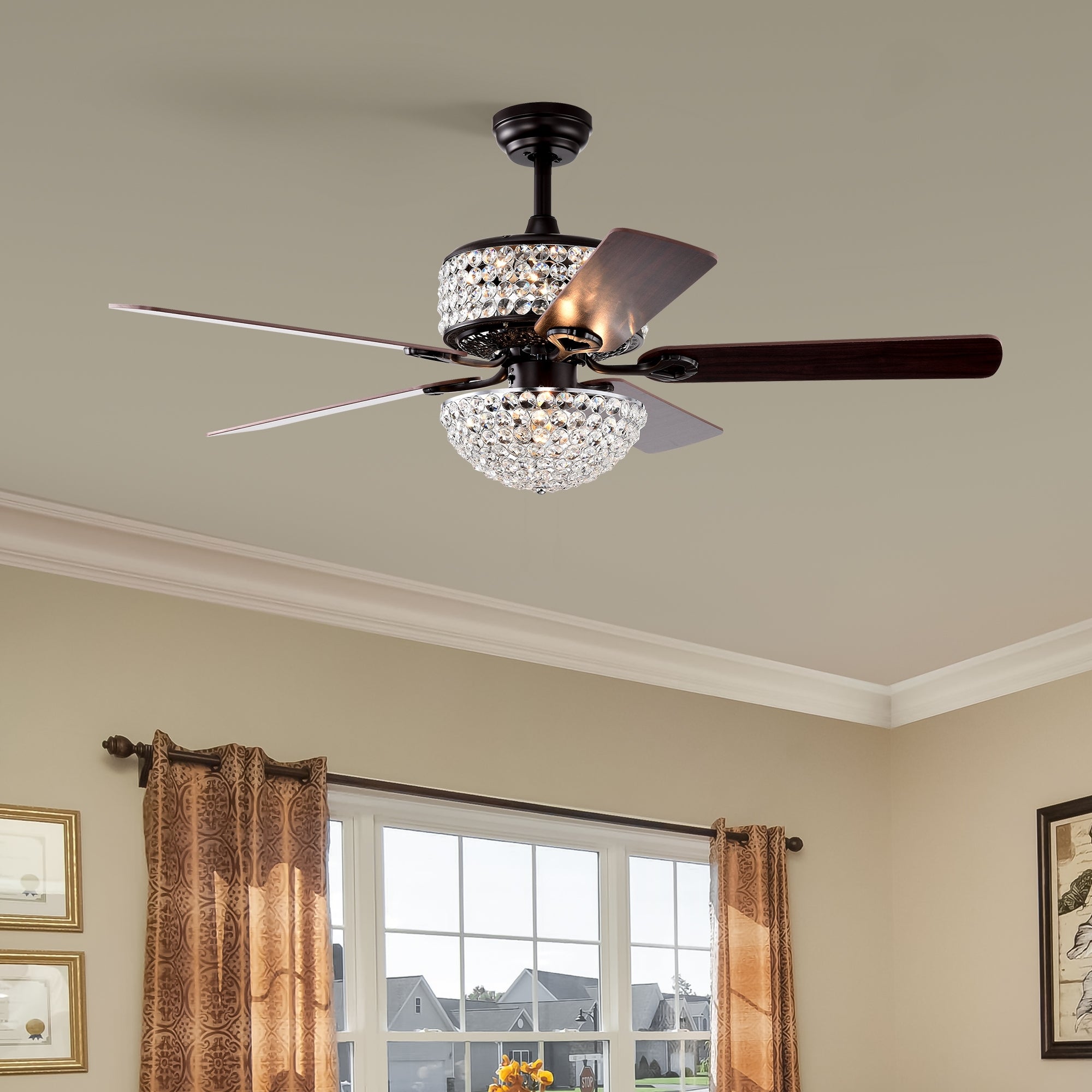 52 Inch Dual Crystal Shade Ceiling Fan With 5 Wood Blades, Two Color Fan Blade, Ac Motor, Remote Control, Reversible Airflow, Multi Speed, Adjustable Height, Traditional Ceiling Fa No Include Bulbs Matt Black American Design,American