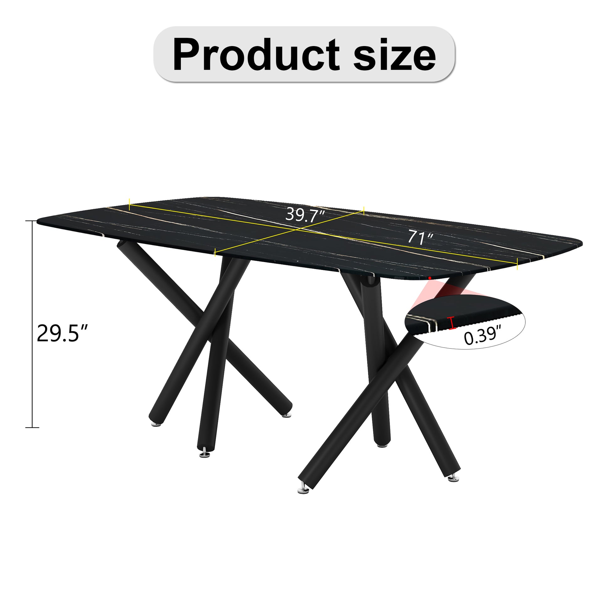 Large Modern Minimalist Rectangular Dining Table With 0.39 "Imitation Marble Black Tabletop And Black Metal Legs, Suitable For Kitchen, Dining Room, Living Room, Conference Room, And Banquet Hall 1537 Black Glass