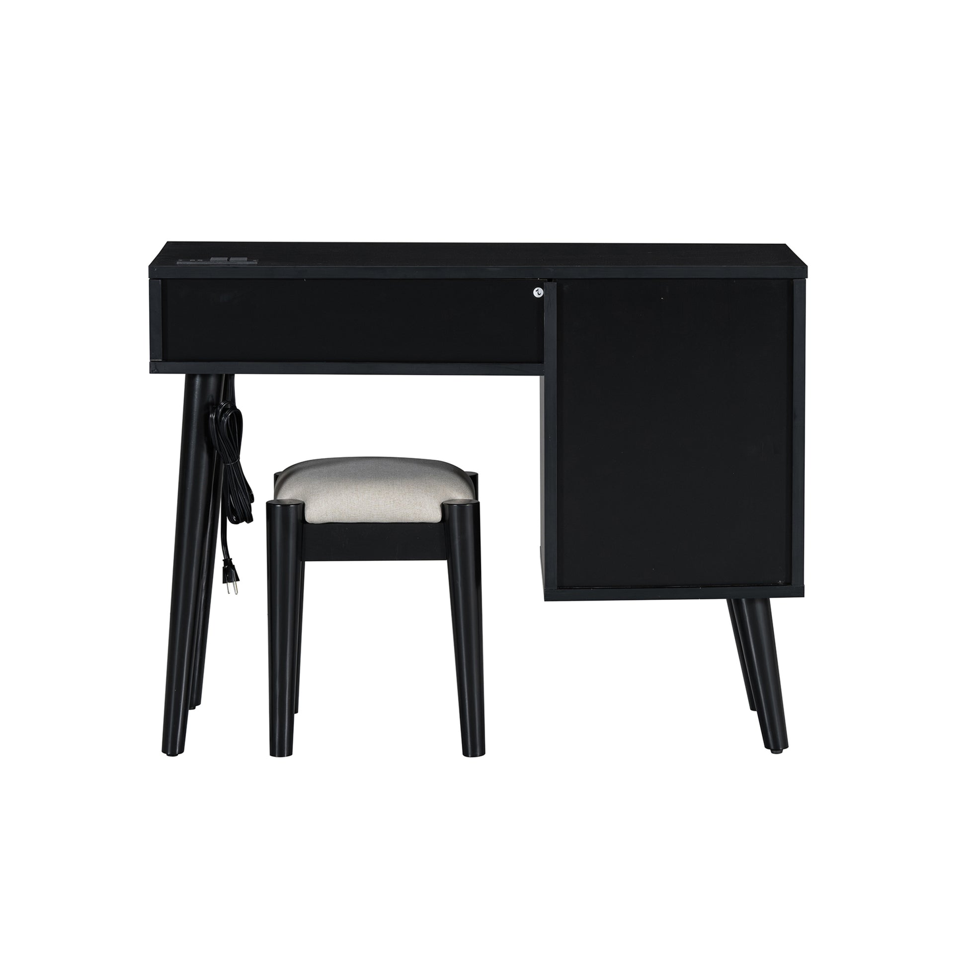 39" Retro Bohemian Style Wooden Makeup Vanity Set With Charging Plug&Usb Port And Stool, Dressing Table With 3 Storage Drawers And 1 Rectangular Rattan Drawer, Black Expected Arrival Time: 08.23 Black 4 Drawers Wood