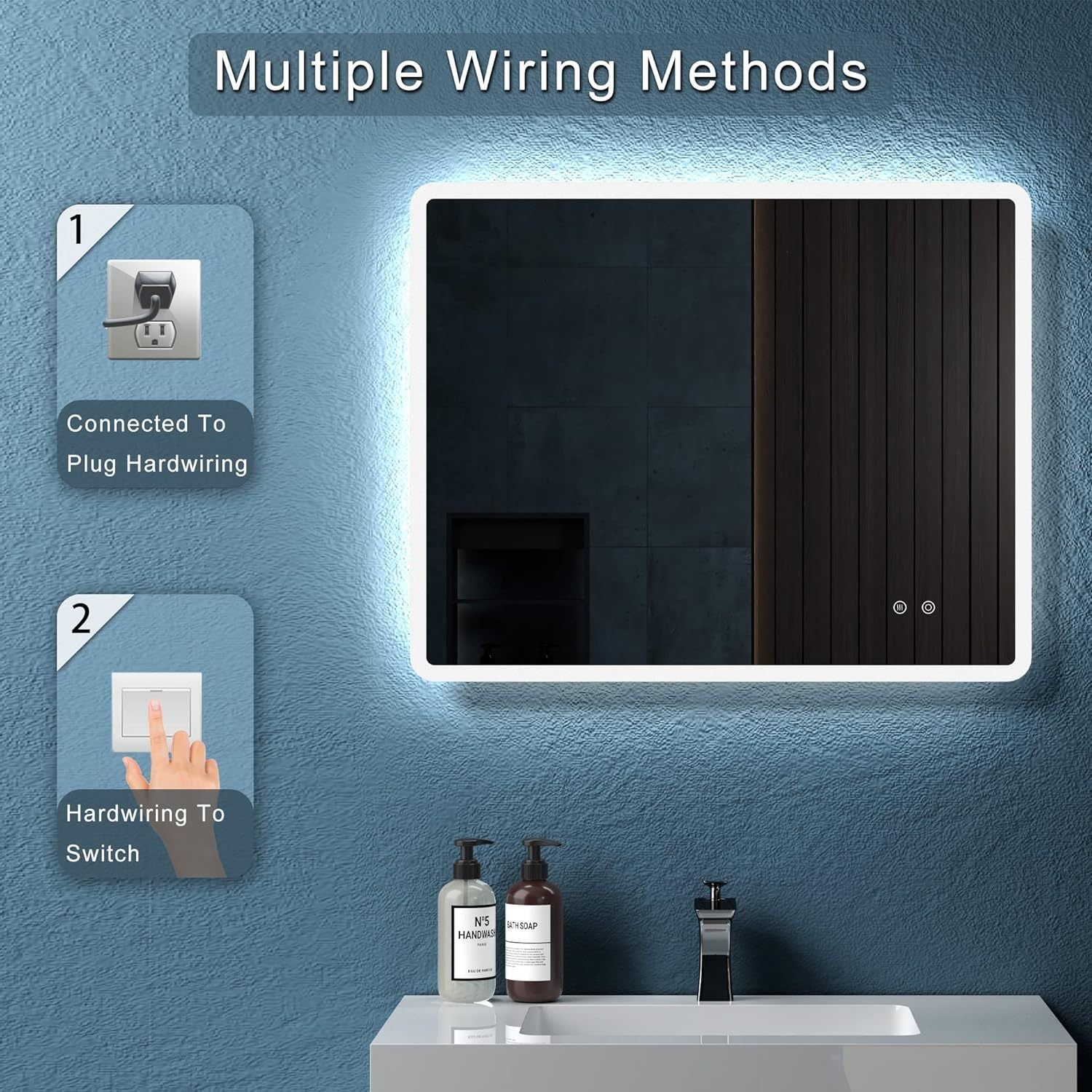 24" W X30 " H Modern Wall Mounted Led Backlit Anti Fog Rounded Rectangular Bathroom Mirror With Us Standard Plug, Temperature Adjustable And Memory Function Touch Switch White Glass