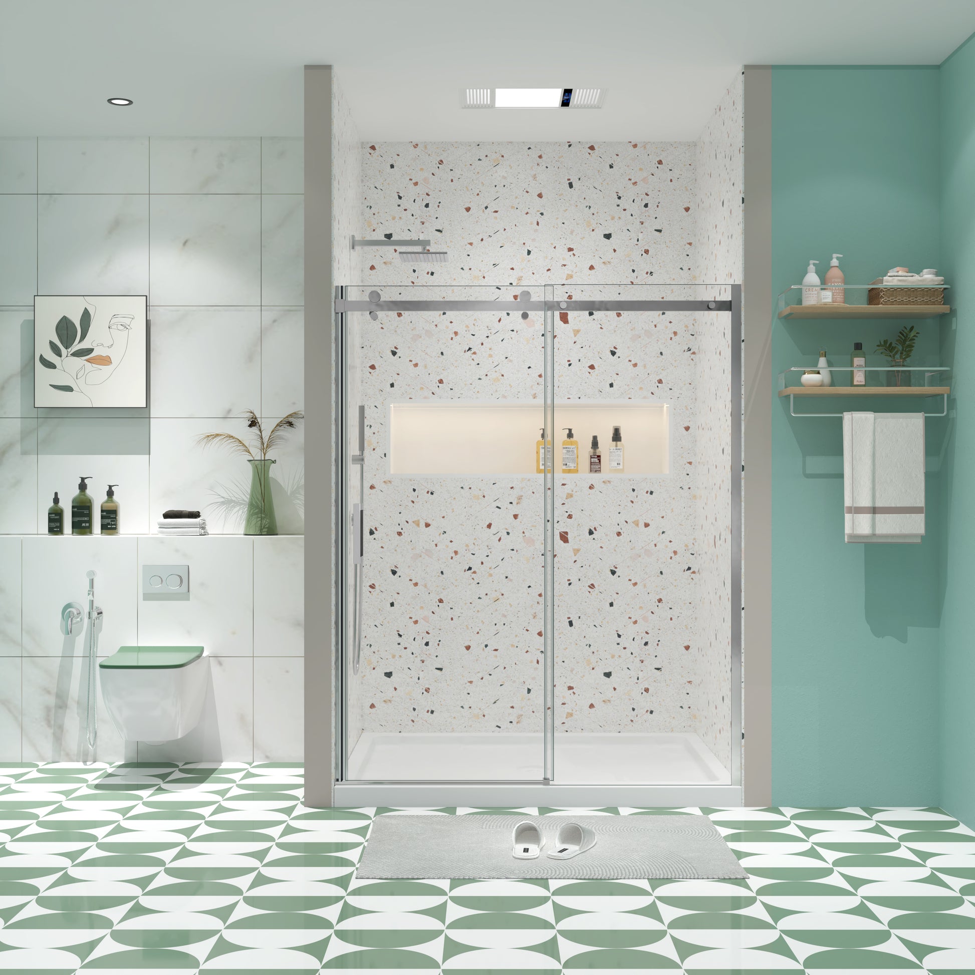 Glass Shower Door, Sliding Door, With 5 16" Tempered Glass And Polished Chrome Finish 6074 Chrome Bathroom Aluminium Alloy