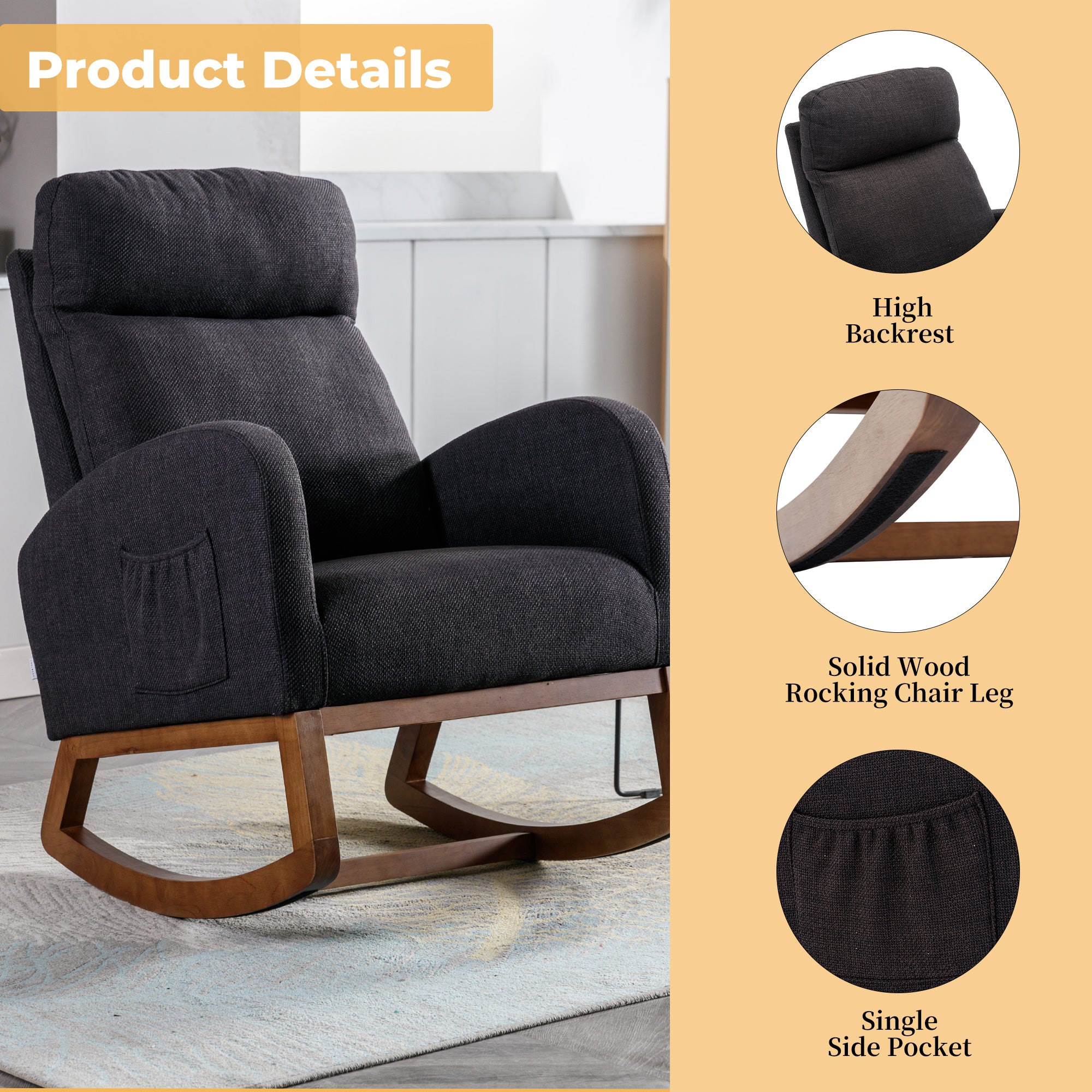 Coolmore Rocking Chair, Modern Glider Chair, Recliner Armchair With Wood Legs And Side Pocket, Nursery Rocking Accent Chair With High Back For Living Room Bedroom Black Linen Black Foam Linen