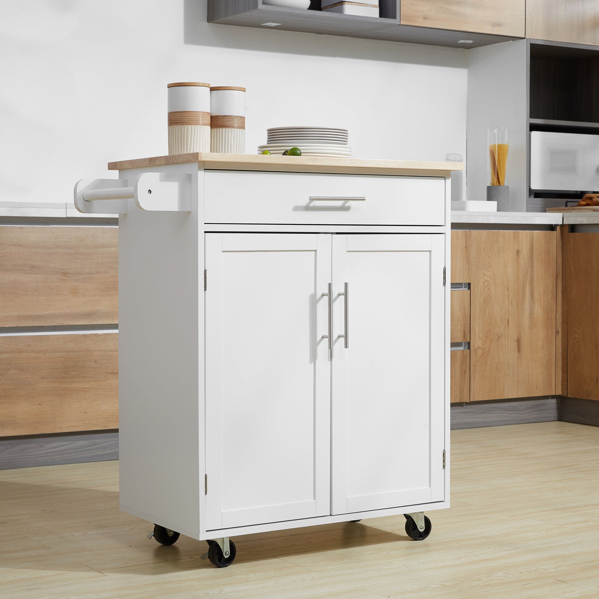 Homcom Kitchen Island Cart Rolling Trolley Cart With Drawer, Storage Cabinet & Towel Rack, White White Rubber Wood