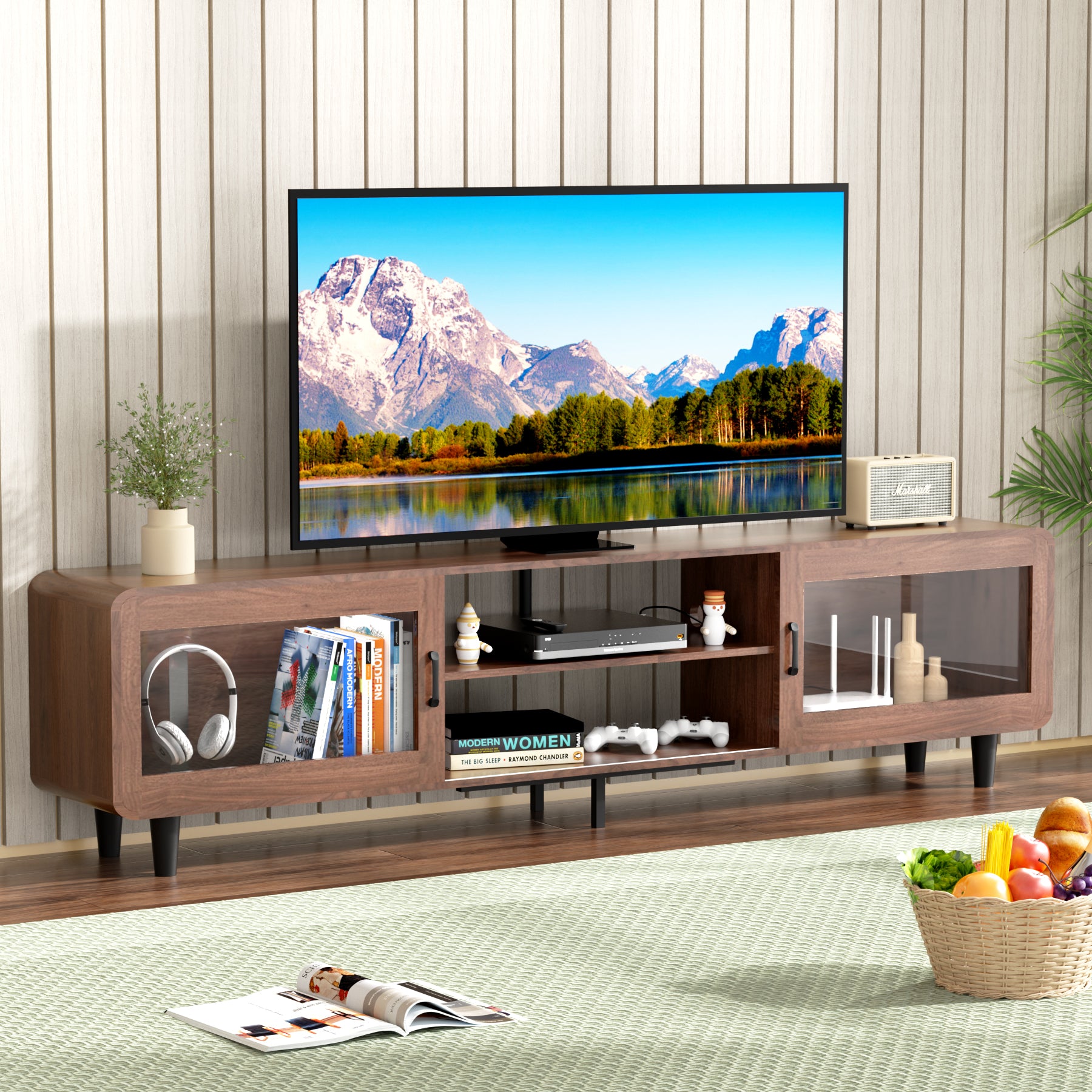 Mid Century Modern Tv Stand For 55 60 65 70 Inch Tv, Wood Entertainment Center With Power Outlets, Media Console With Sliding Doors And Open Shelf For Living Room, Walnut Walnut 60 69 Inches Wood