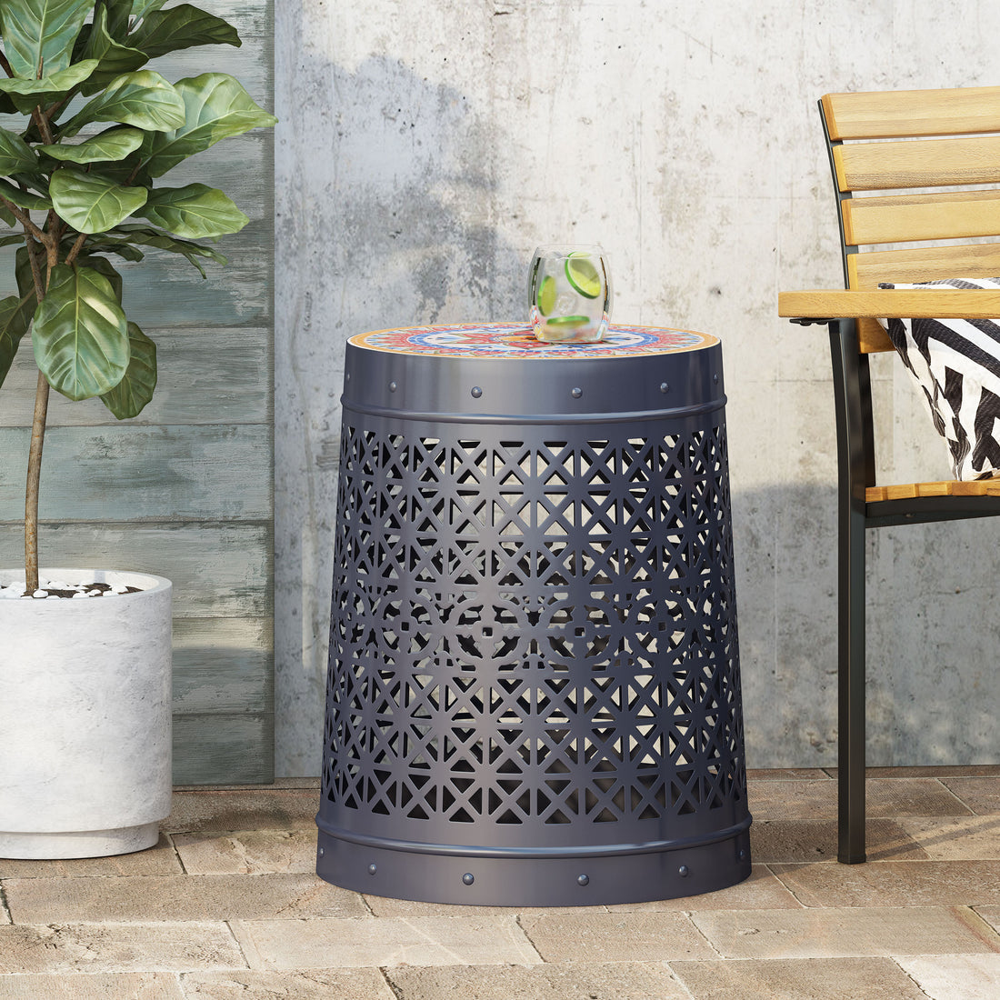 Cranbrook Side Table Dark Blue Ceramic Tile Iron