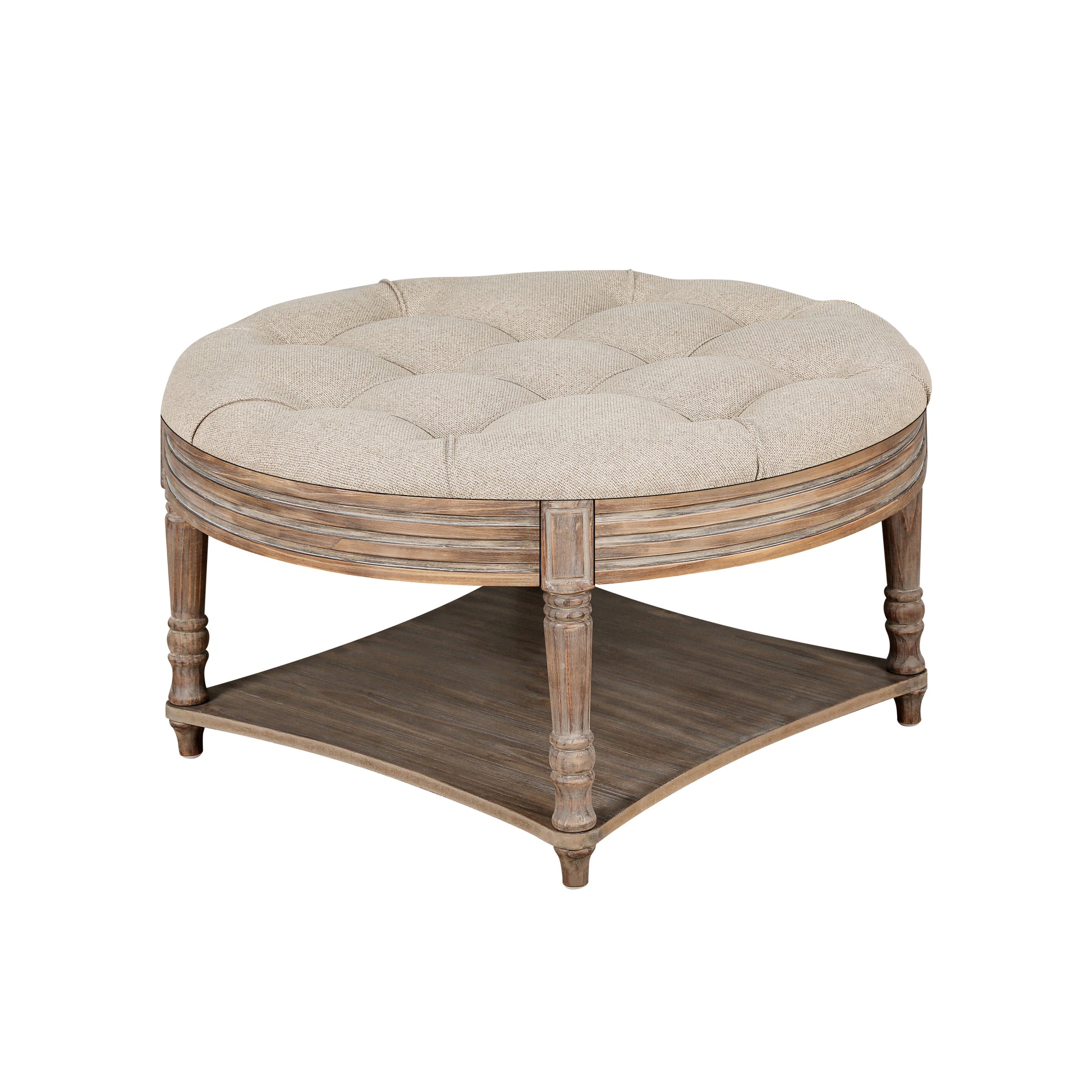 Large Round Ottoman Coffee Table 2 Tier Oversized Button Tufted Ottoman With Wooden Shelf Storage Farmhouse Upholstered Coffee Table Living Room Footstool Ottoman Linen Light Gray Brown Wood Primary Living Space Medium Soft Wood Round Linen Mdf