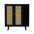 Bohemian Bar Cabinet, Natural Rattan Doors, Removable Wine Rack In Ebony 1 2 Shelves Black Boho,Mid Century Modern Mdf