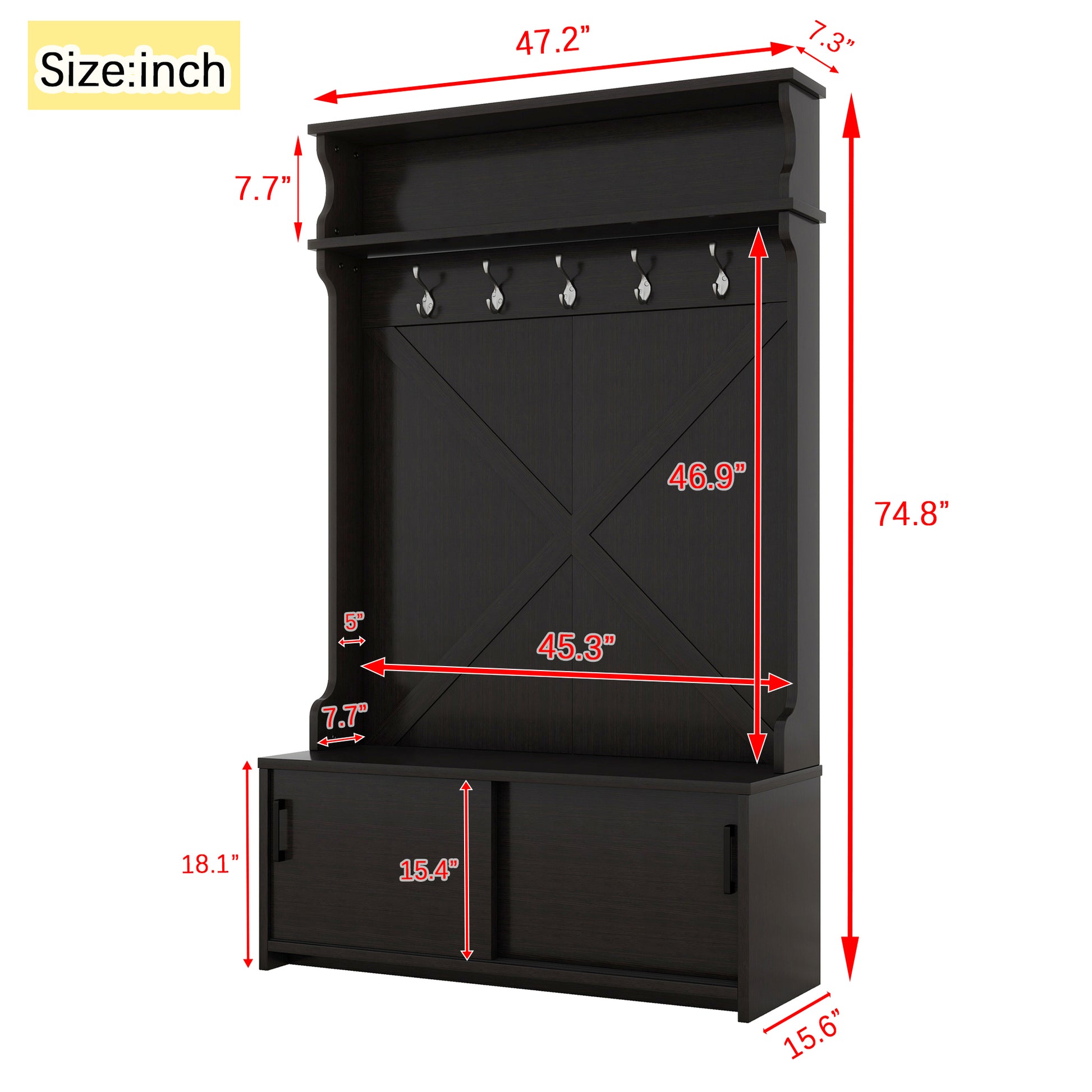 Hall Tree With Top Shelf And Storage Bench, Hallway Shoe Cabinet With Sliding Doors, Coat Rack With 5 Hanging Hooks For Entryways Hallways, Black Black Particle Board Mdf