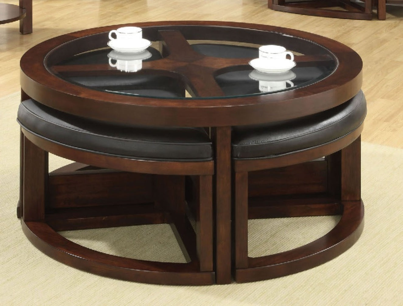 Dark Walnut Coffee Table Glass Insert Top Ottoman Included Table Set Living Room Furniture Walnut Brown Primary Living Space Classic,Contemporary,Luxury,Traditional Coffee & End Tables Solid Wood