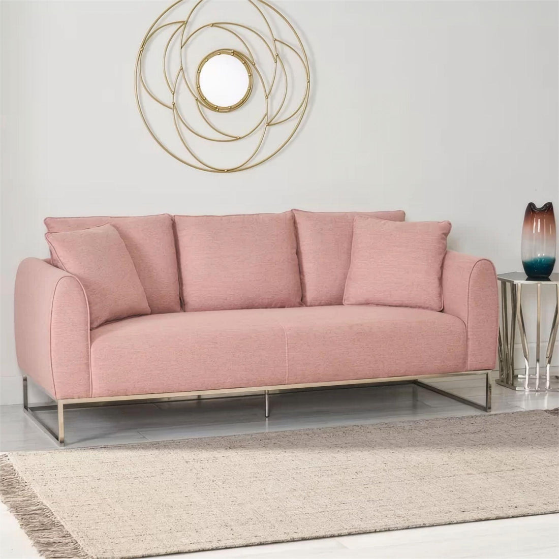 Chic And Cozy 82.75" Light Pink Fabric 2 Seater Sofa With Silver Legs And Soft Upholstery, Extra Deep Seats, For Small Space, Living Room, Office Apartment Light Pink, Fabric Pink Wood Primary Living Space Medium Soft Cushion Back Light Duty Art