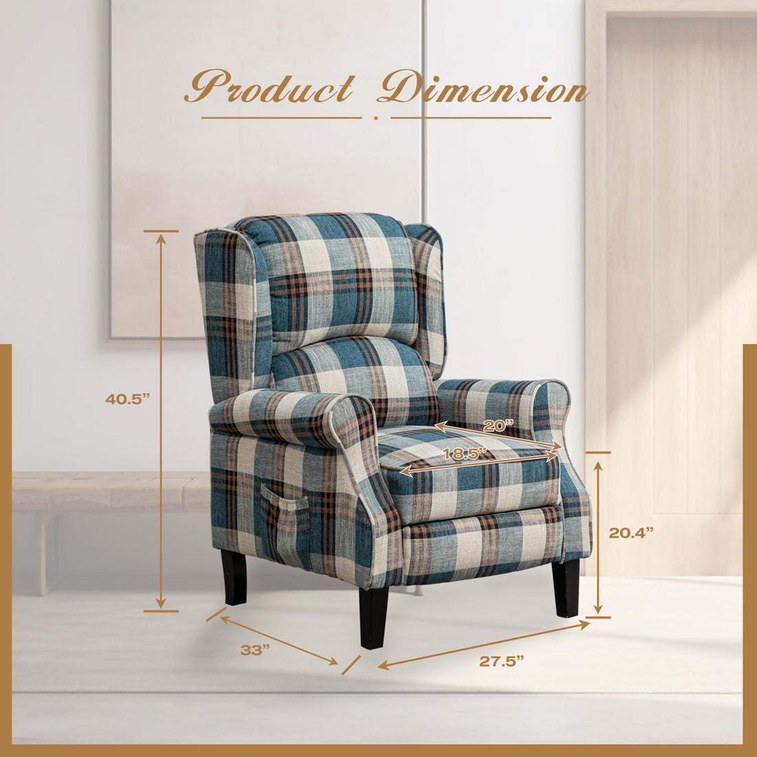 Vintage Armchair Sofa Comfortable Upholstered Leisure Chair Recliner Chair For Living Room Blue Check Blue Fabric 1 Seat