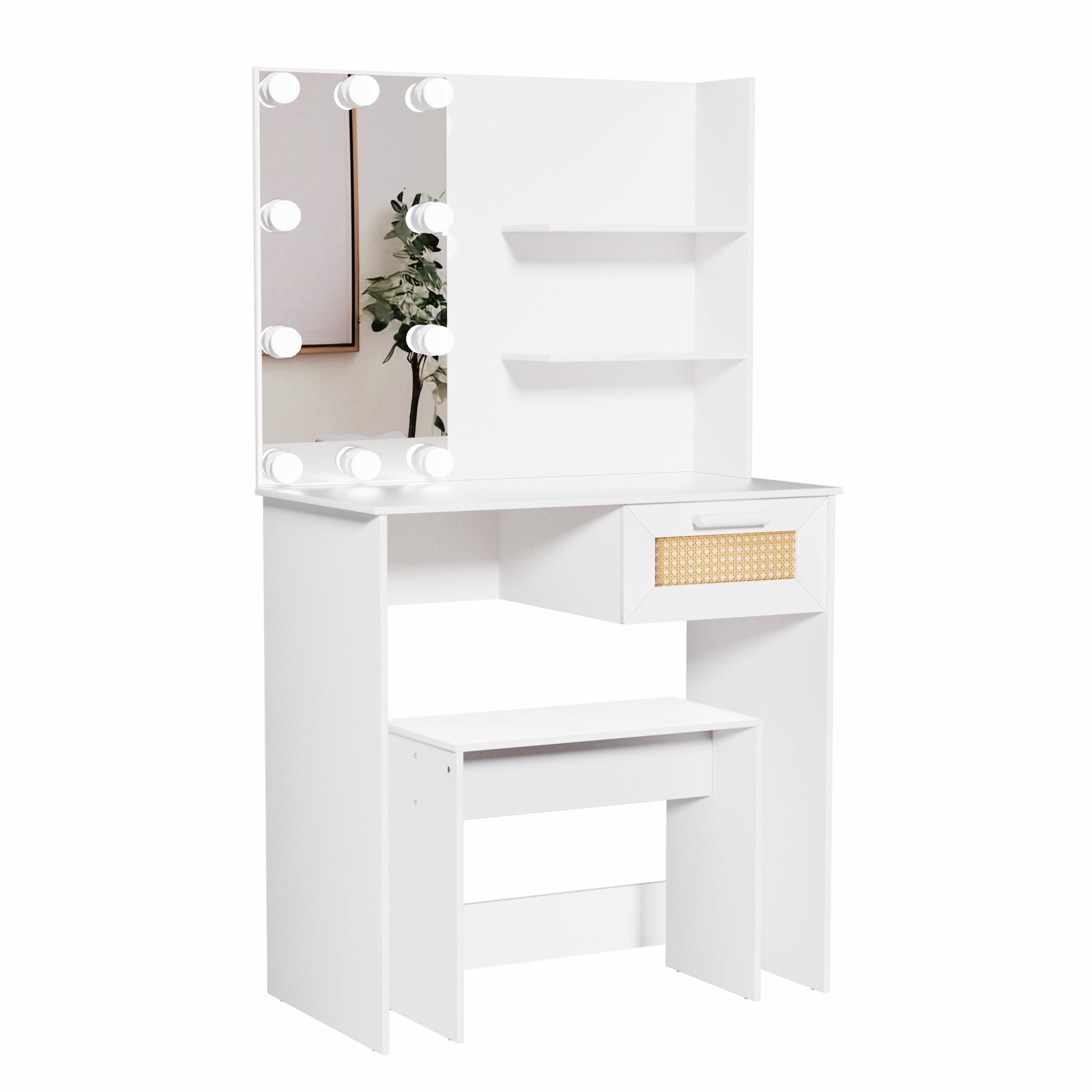 Vanity Desk Set Stool & Dressing Table With Led Lighting Mirror Drawer And Compartments Modern Wood Cosmetic Table Chest Of Drawers White Color Glossy White 1 Drawer Wood