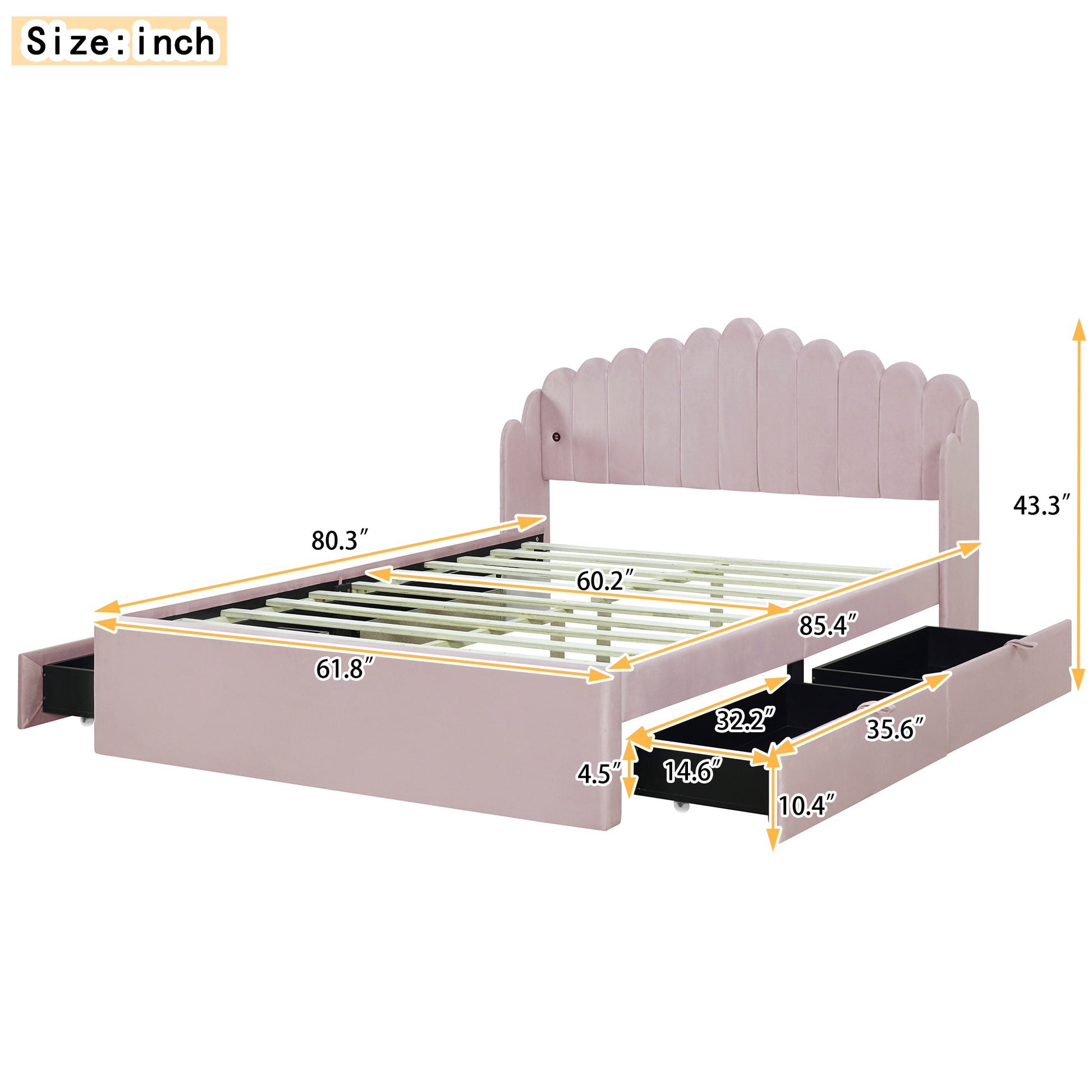 Queen Size Upholstered Platform Bed With 4 Drawers And 2 Usb, Pink Box Spring Not Required Queen Pink Wood Bedroom Bed Frame Polyester Upholstered