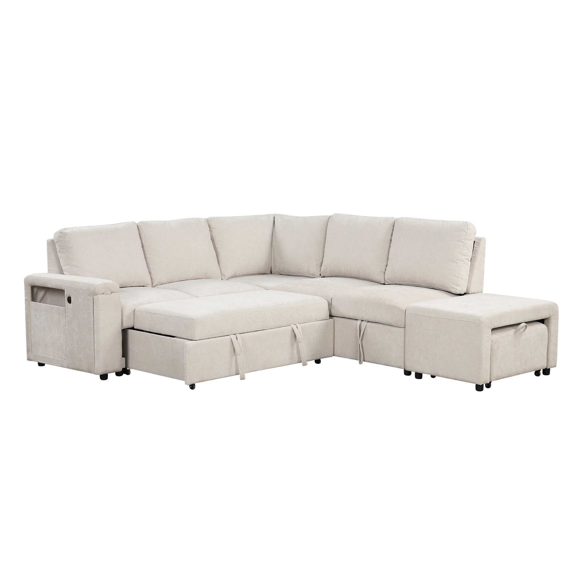 L Shaped Padded Modular Sofa With Storage Space, Usb Ports, And Cup Holders On The Armrests, Suitable For Living Rooms, Offices, And Apartments. Beige Wood Polyester 5 Seat