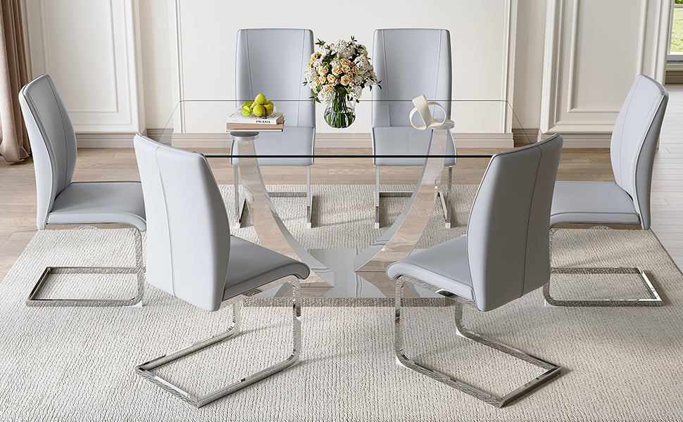 Table And Chair Set.Modern Dining Table,Tempered Glass Tabletop And Silver Colored Leg.Paired With 6 Soft And Comfortable Light Gray Pu Chair, Perfect For Dinner, Meetings, Home And Office Decor.
