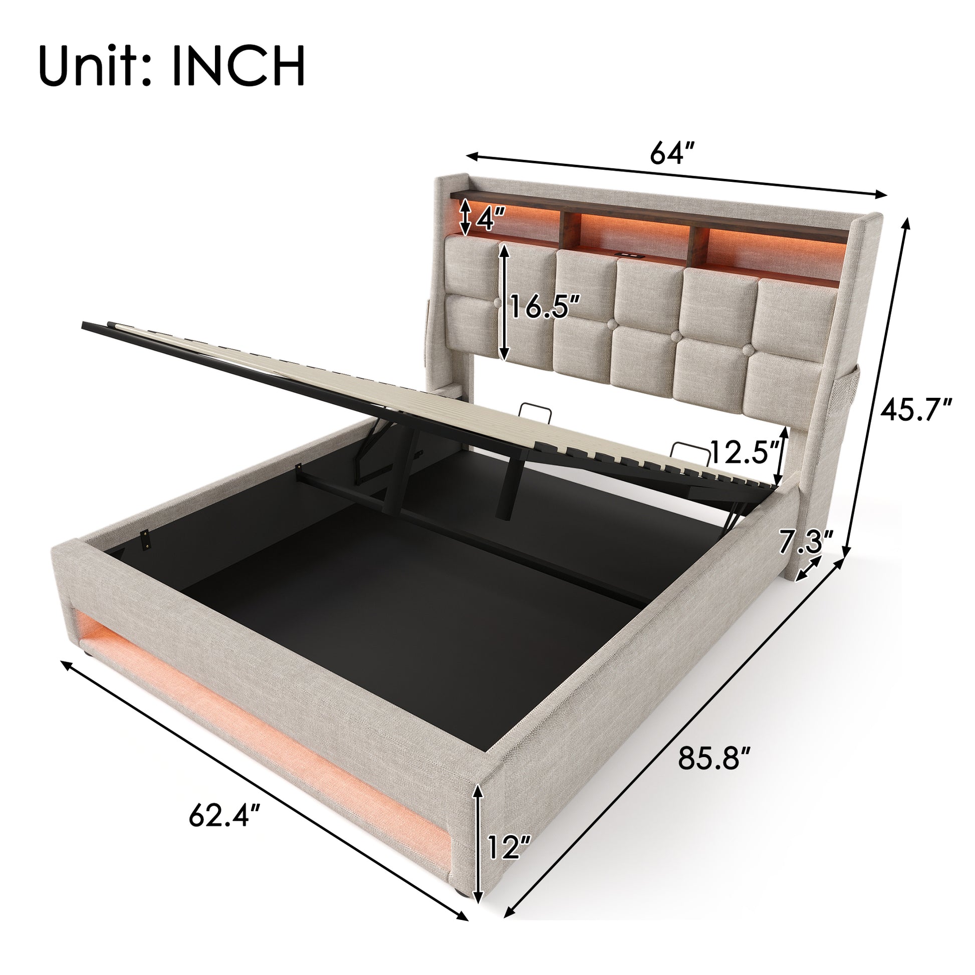 Queen Size Upholstered Platform Bed With A Hydraulic Storage System, Led And Usb Charging, Natural Without Mattress Queen Natural Metal & Wood