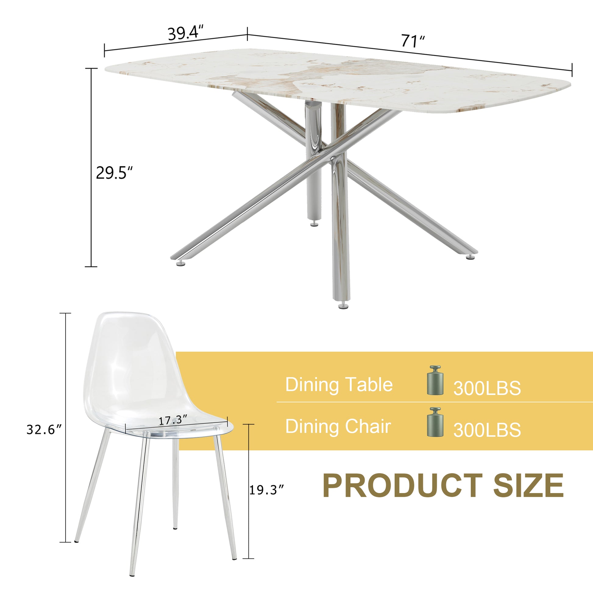 Table And Chair Set.Modern Luxurious White Marble Patterned Tempered Glass Dining Table Set With Transparent Pp Chairs.6 Transparent High Quality Pp Dining Chairs With Silver Legs. White Silver