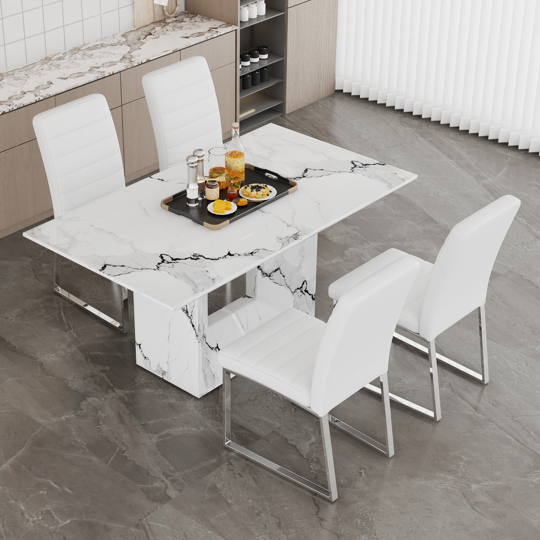 Table And Chair Set.63"X35.4" White Marble Patterned Mdf Dining Table Set With 4 Armless White Pu Chairs.The Backrest Of The Dining Chair Is Designed With Multiple Horizontal Stripes. White Seats 4