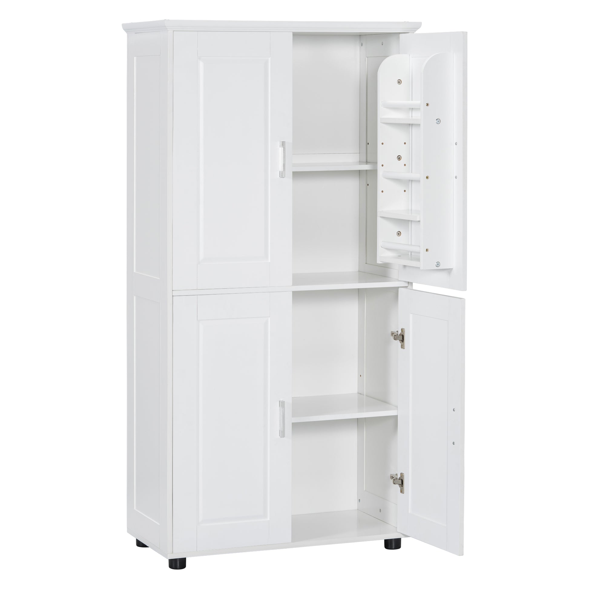 Tall And Wide Bathroom Floor Storage Cabinet, Bathroom Storage Unit, Freestanding Cabinet With 4 Doors, Adjustable Shelves, White White Mdf