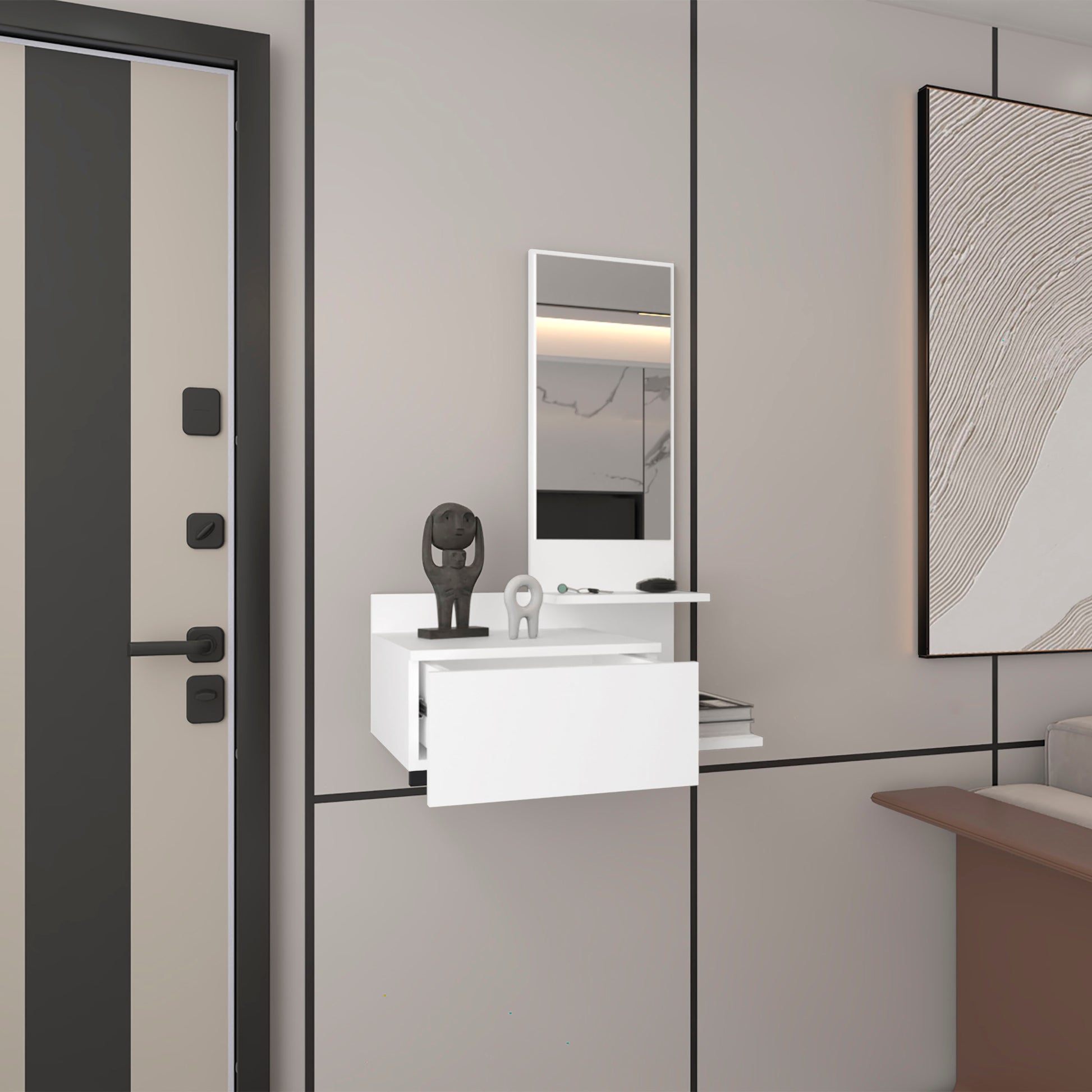 Floating Hallway Cabinet 36.2" H, 1 Drawer, 3 Shelves, 1 Mirror, White White Solid Wood Mdf Engineered Wood