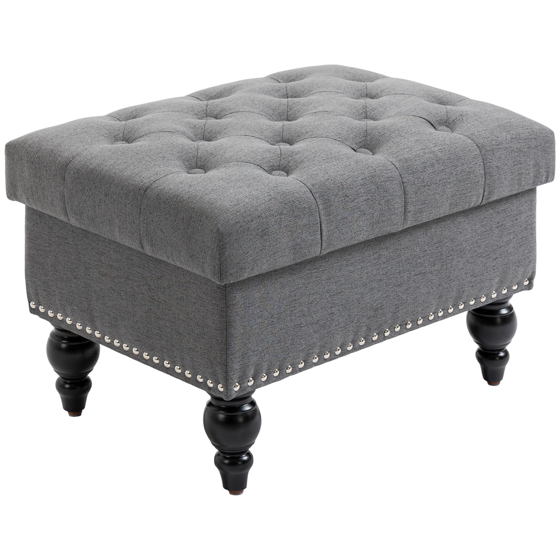 Homcom Ottoman With Storage For Living Room, 25" Storage Ottoman With Removable Lid, Button Tufted Fabric Bench For Footrest And Seat With Wood Legs, Gray Gray Linen