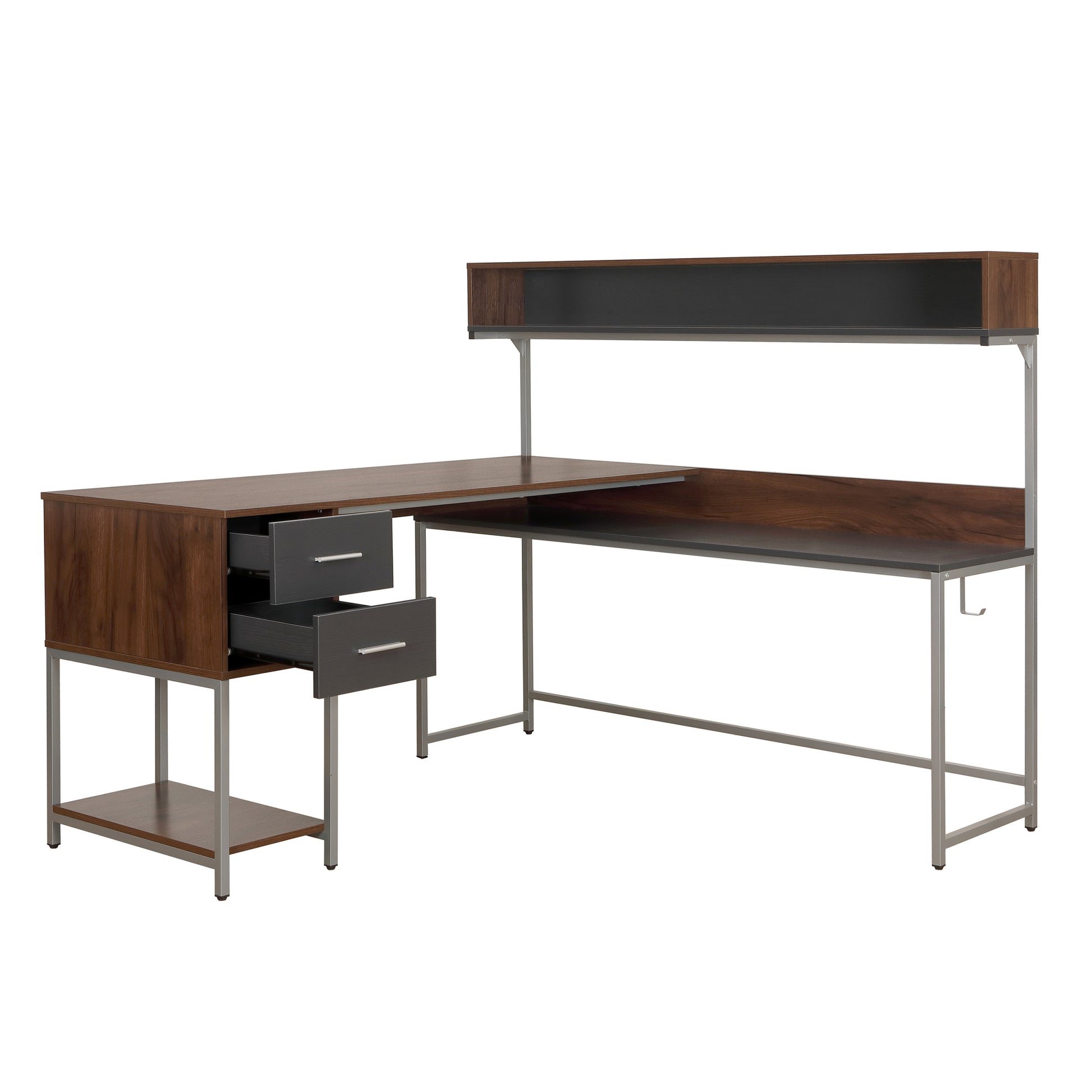 Techni Mobili L Shape Desk With Hutch And Storage, Walnut Walnut Computer Desk Office Modern L Shape Engineered Wood