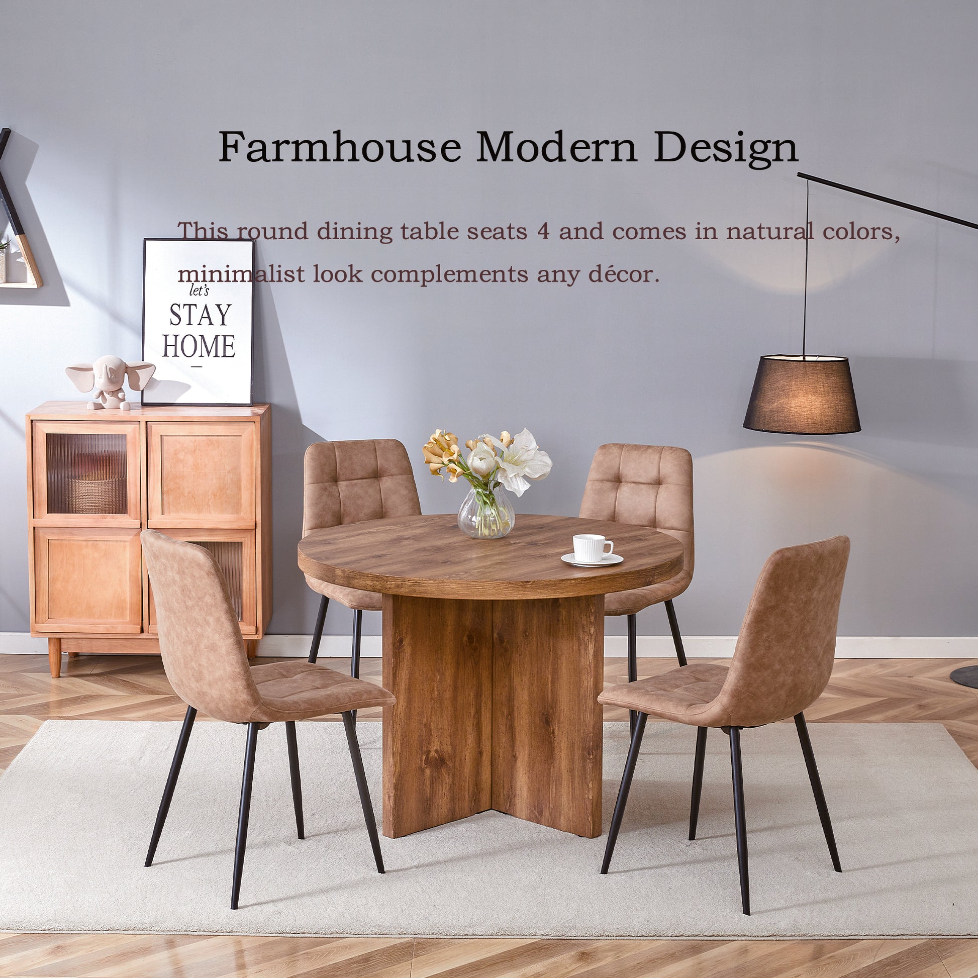 5 Piece Round Dining Table Set, Modern Round Table And 4 Upholstered Chairs For Dining Room, Kitchen Room, Living Room, Easy Assembly Metal Brown Black Dining Room 42 Inches Farmhouse,Mid Century Modern,Modern Round Round Mdf Dining Table With Chair Mdf