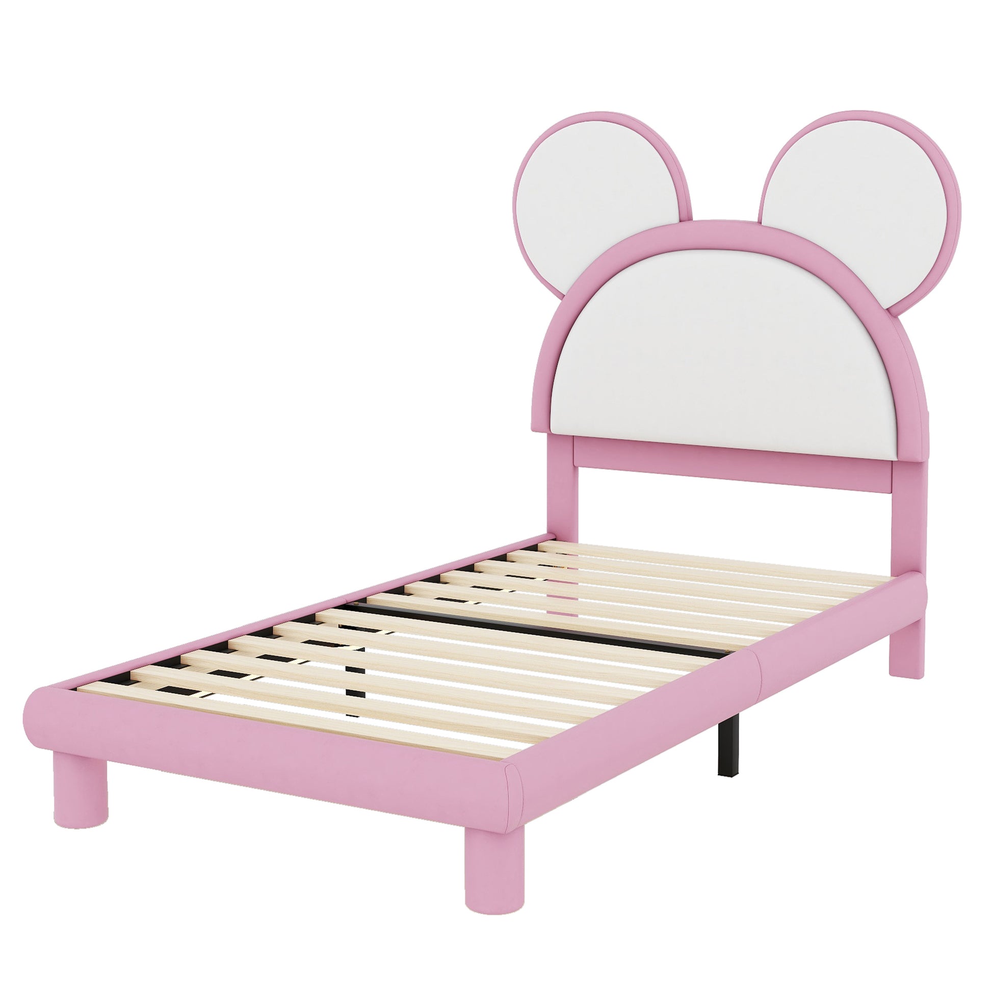 Twin Size Upholstered Platform Bed With Cartoon Ears Shaped Headboard And Led, White&Pink Box Spring Not Required Twin White Pink Bedroom Bed Frame Faux Leather Upholstered