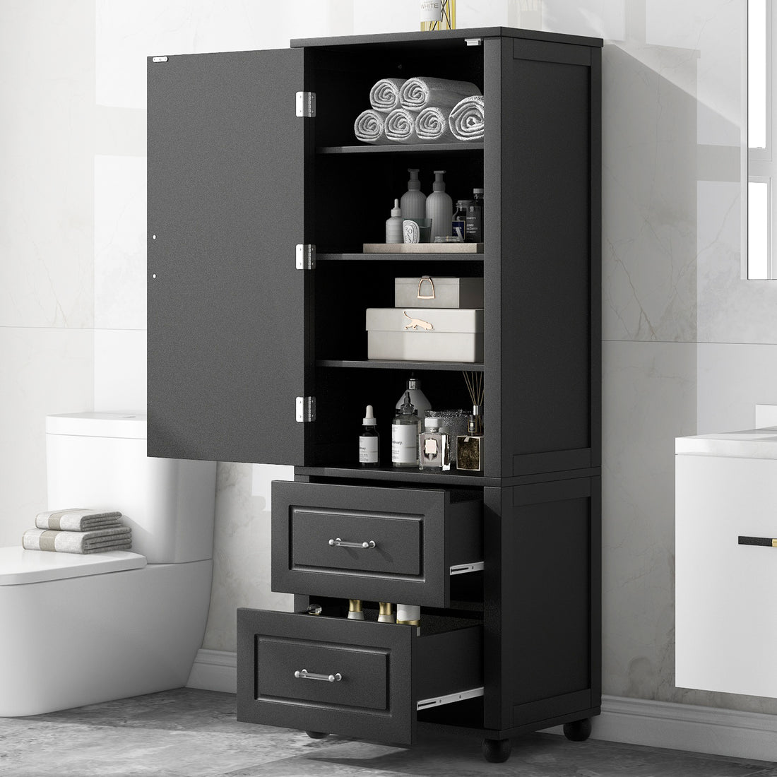 Tall Bathroom Storage Cabinet, Freestanding Storage Cabinet With Two Drawers And Adjustable Shelf, Mdf Board With Painted Finish, Black Black Mdf