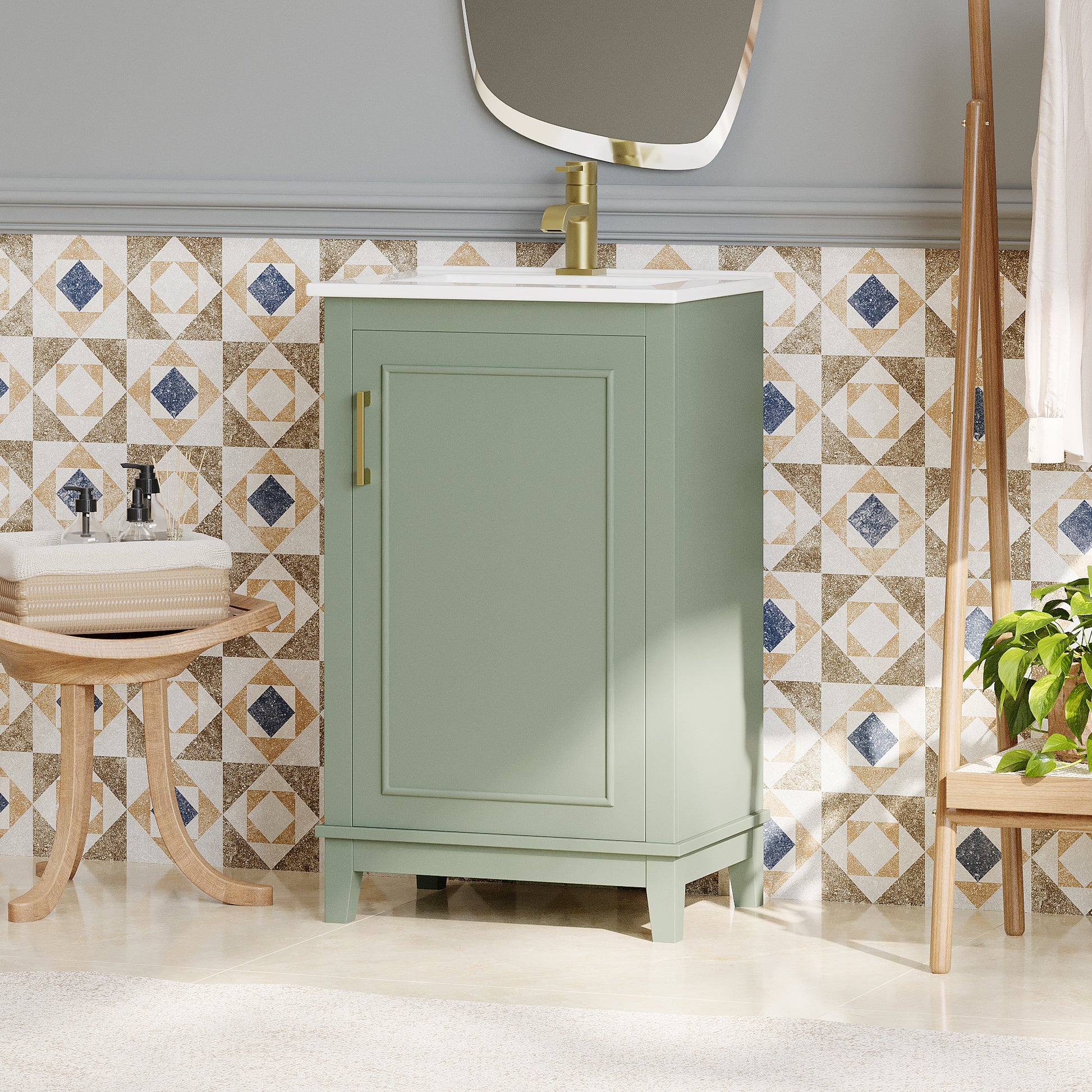 Viedo 20 Inch Modern Small Bathroom Vanity Cabinet With Ceramic Basin 20*15.5*33.3 Inches,Ample Storage,1 Soft Close Door Green Bathroom Solid Wood Mdf