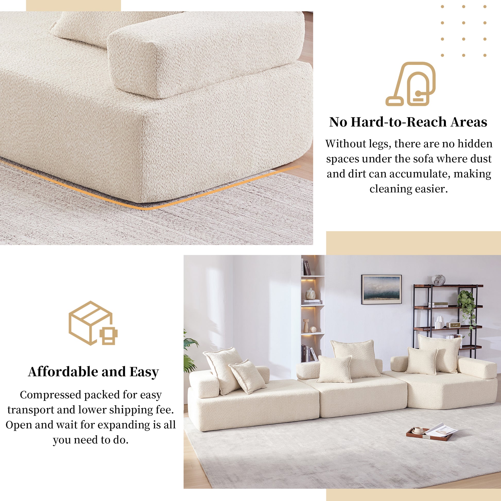 Oversized Modular Sectional Sofa,Luxury Boucle Floor Couch Set,Convertible Sleeper Couch,Spacious Foam Filled Sofa Bed For Living Room,3 Pc Free Combination,2 Colors Beige Boucle 5 Seat