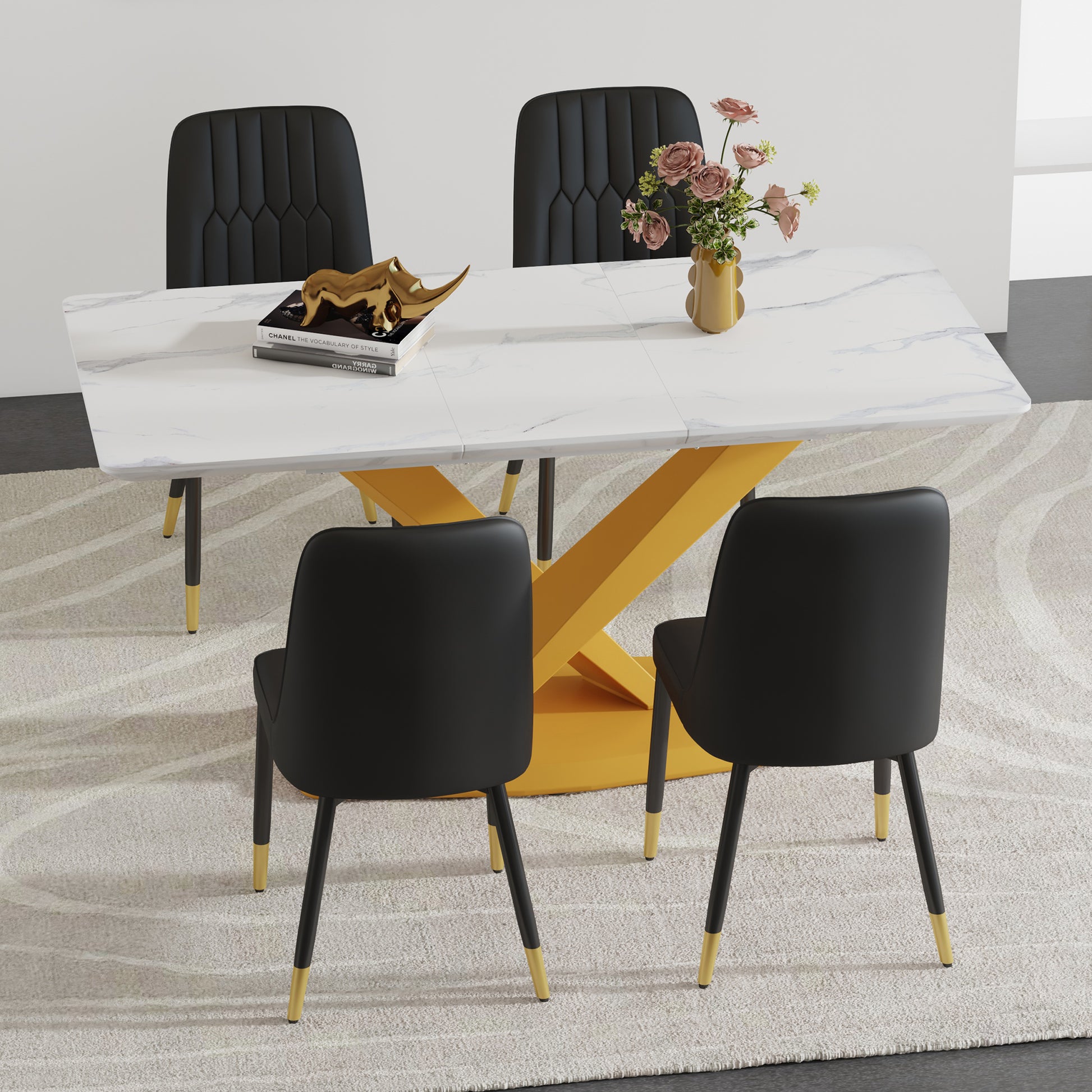 Table And Chair Set.The Table Is Equipped With A Marble Patterned Mdf Tabletop And Gold Table Legs.Paired With 4 Chairs With Pu Cushions And Black Metal Legs. Black Gold Seats 4 Mdf Metal