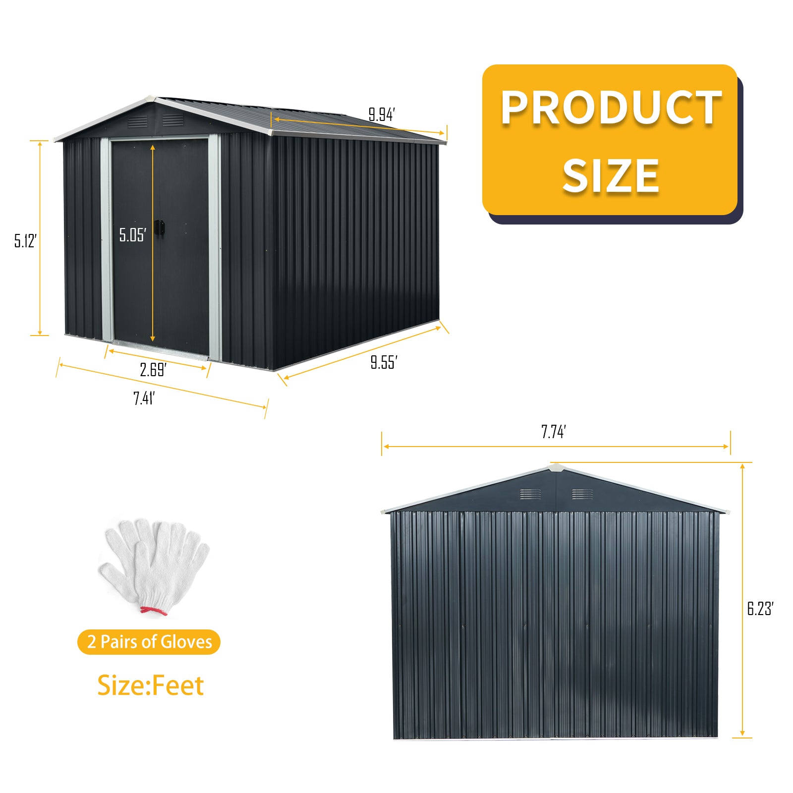 8Ft X 10Ft Outdoor Metal Storage Shed With Floor Base,Black Black Iron