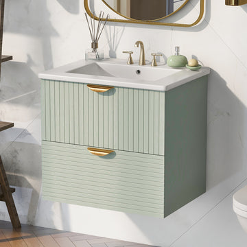 Modern 24 Inch Wall Mounted Bathroom Vanity With 2 Drawers, Green Ideal For Small Bathrooms Green Bathroom Mdf